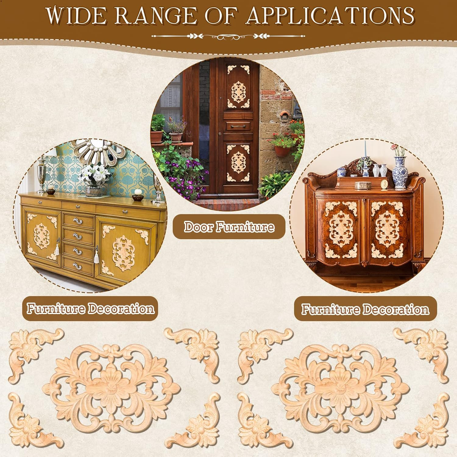 10 Pcs Wood Appliques Decorative Wood Appliques Onlays for Furniture Door Cen…