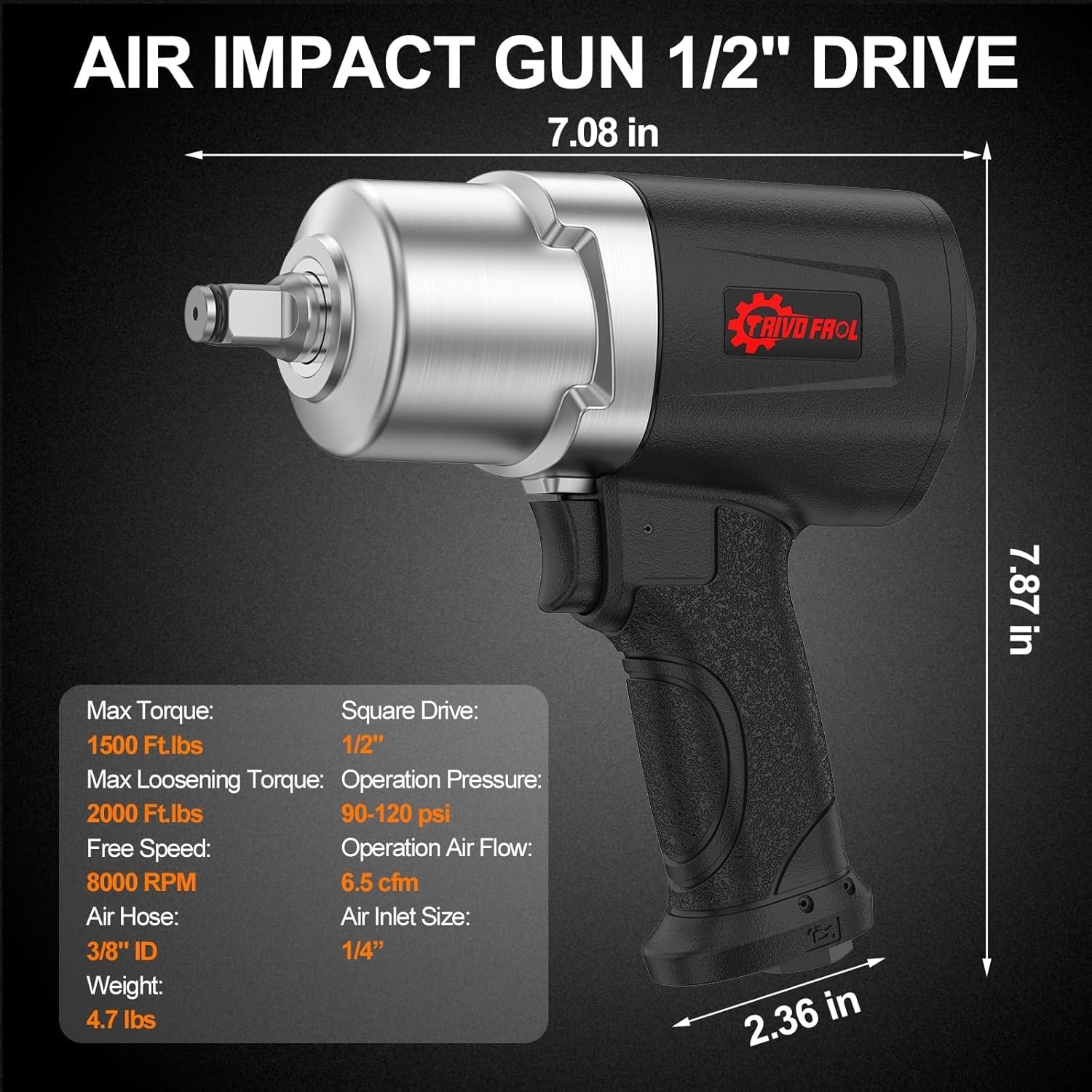 Air Impact Wrench 1/2" – 1/2 Inch Impact Gun 1/2 Drive, 1500Ft-lbs, 8000RPM High