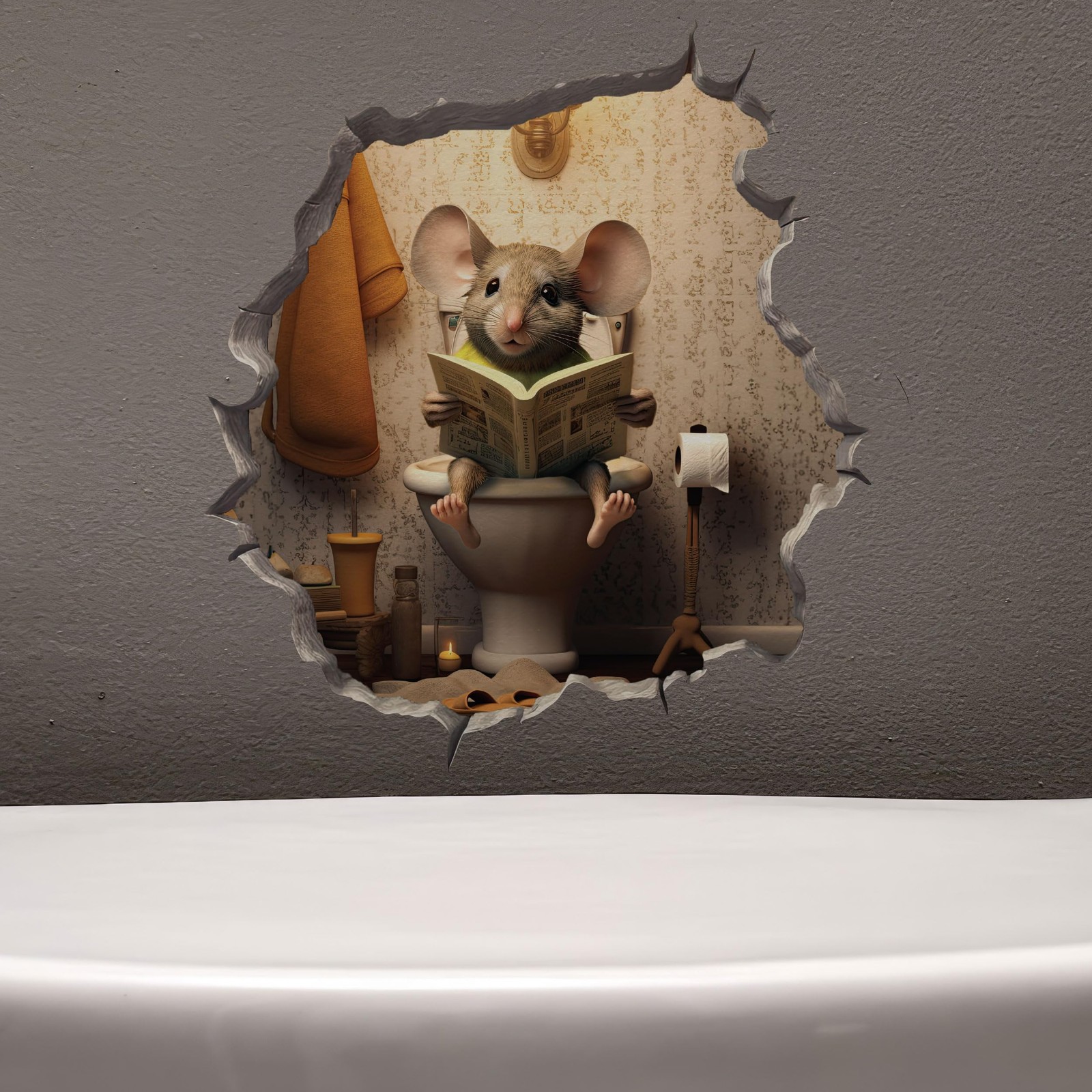 Mouse Sitting on Toilet in Mouse Hole Decal – Mouse Hole Sticker with 3D Effect