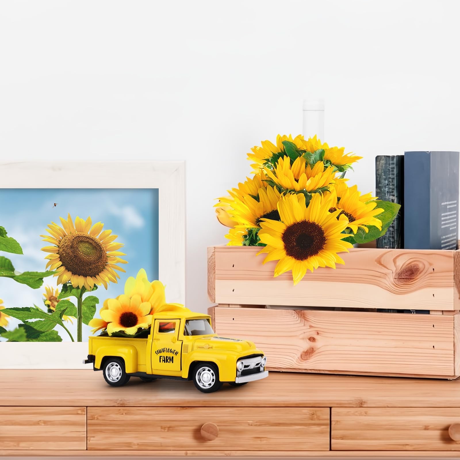 Sunflower Vintage Metal Truck Mini Metal Farm Truck Decor with Sunflower Bouq…