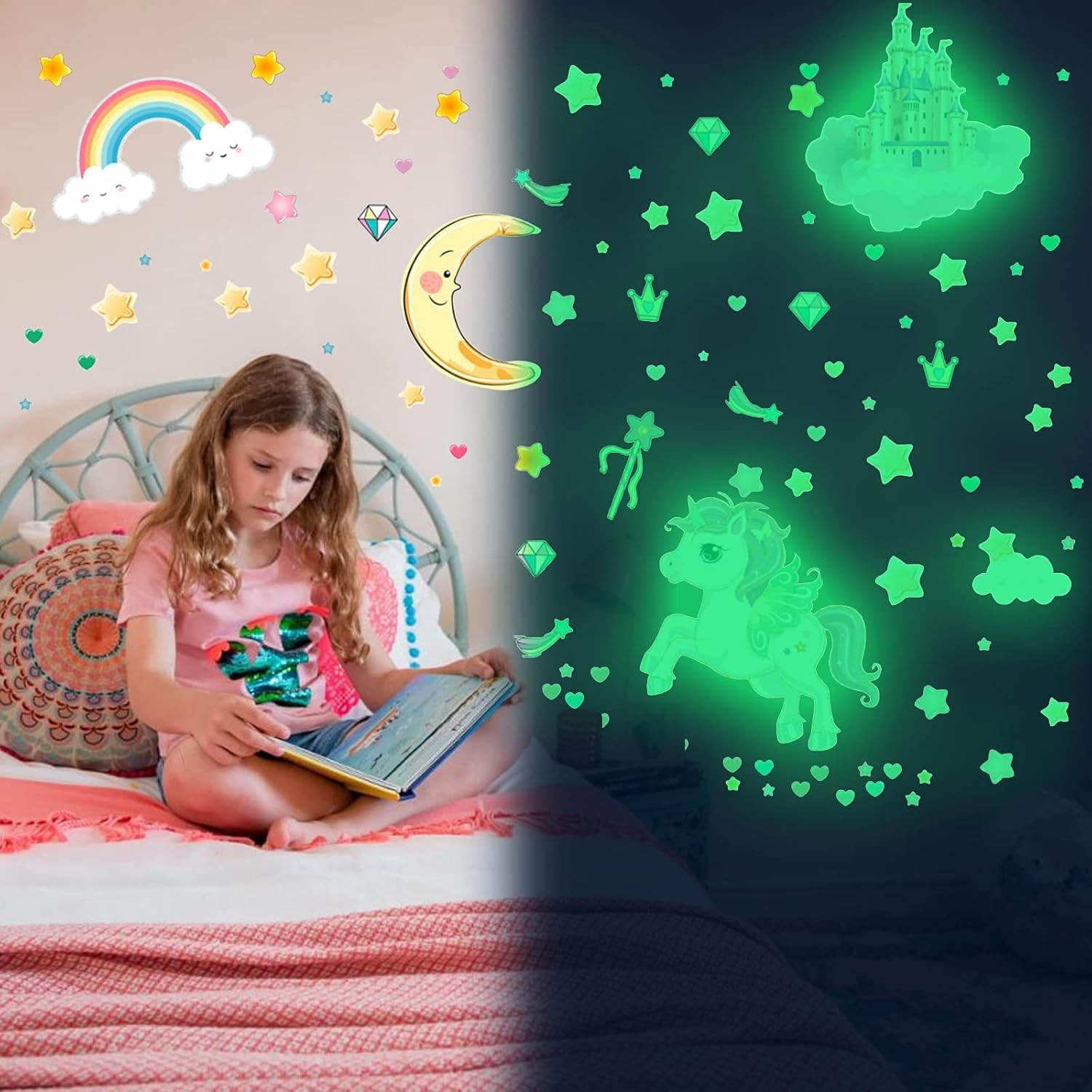 Glow in The Dark Wall Decals 174 Pcs Unicorn Stars Moon Rainbow Luminous Kids