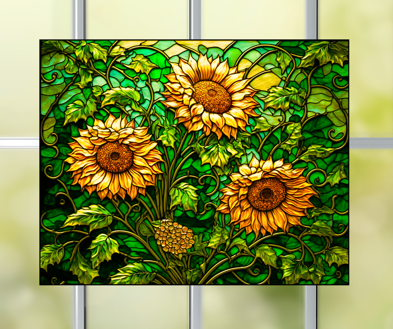 Wild Sunflowers Faux Stained-Glass WINDOW CLING Size 10" Repositionable Vinyl