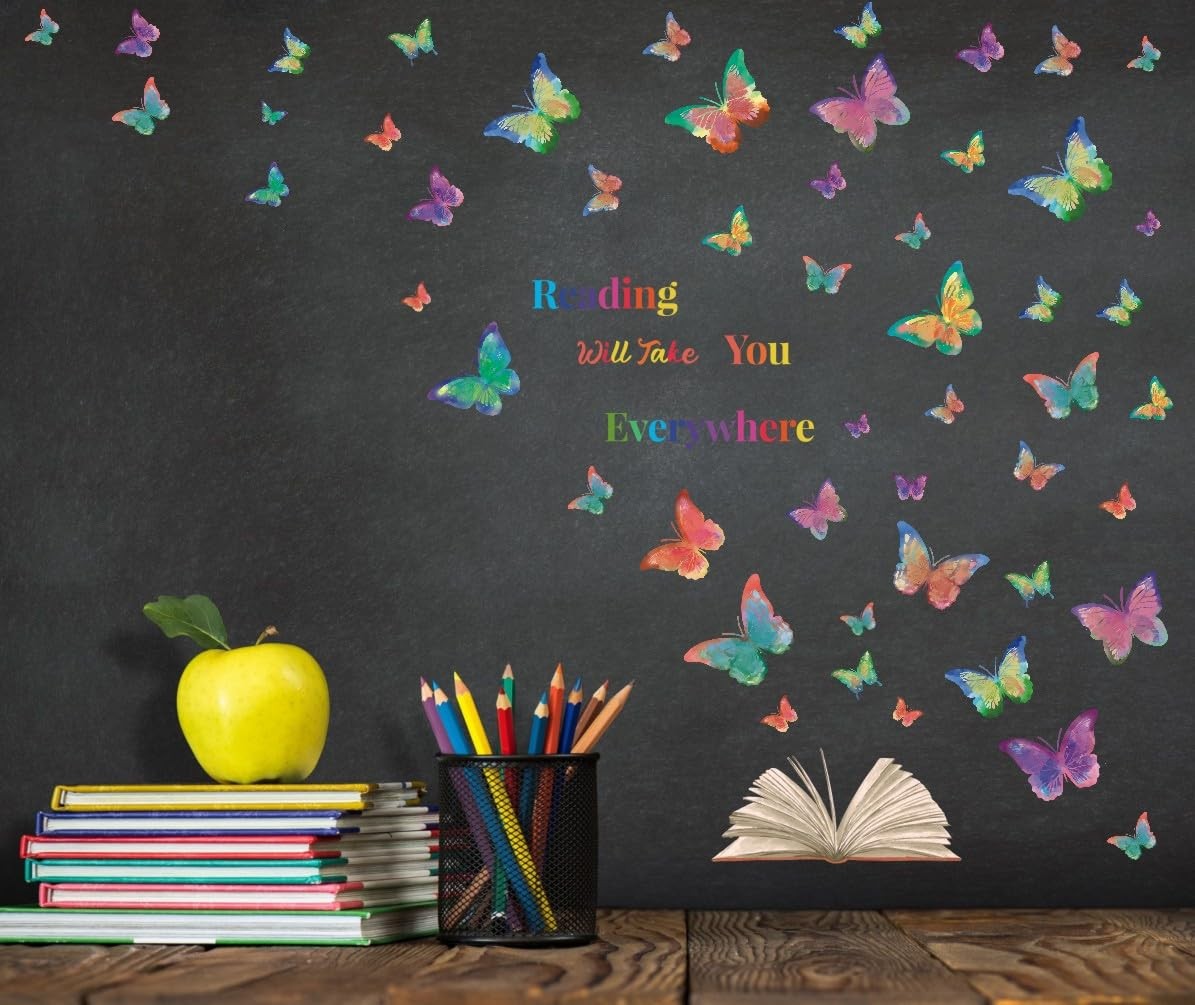 Colorful Butterfly Reading Book Wall Decal, Reading Will Take You Everywhere …