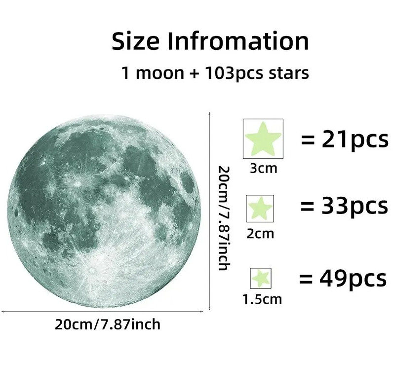 103 pcs Glow in the Dark Moon & Stars Wall Stickers Kids Bedroom Decor