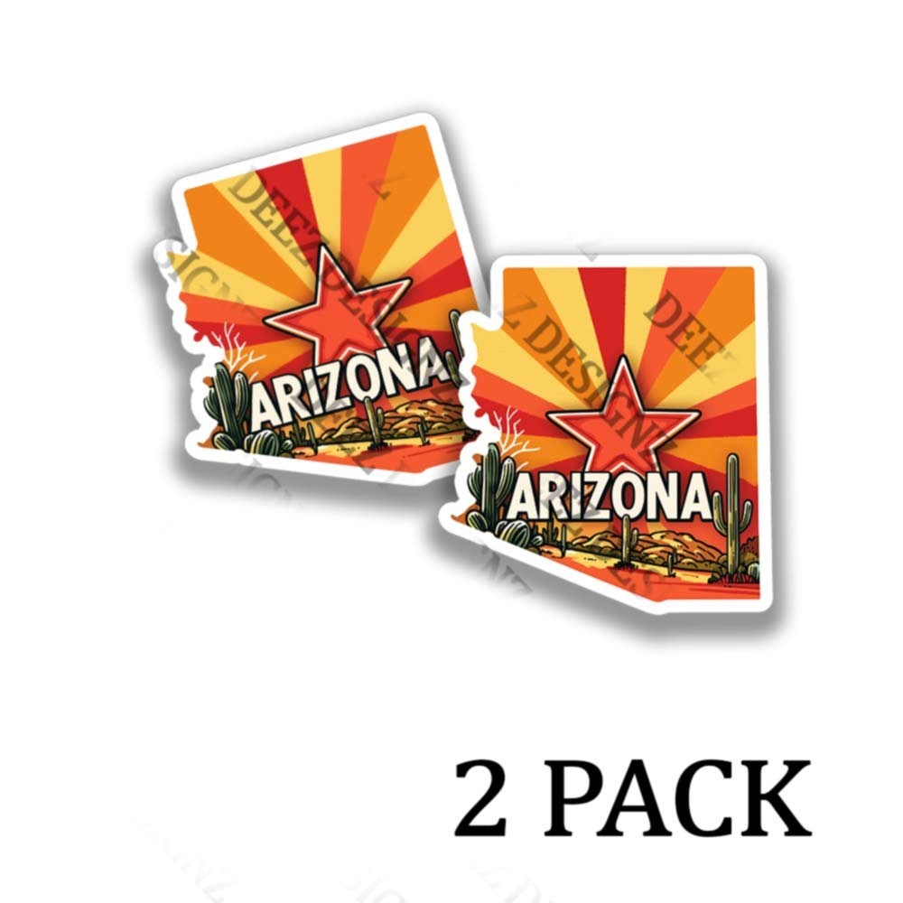 Arizona State Flag Vinyl Stickers – Desert Landscape in shape of AZ – 2 pack