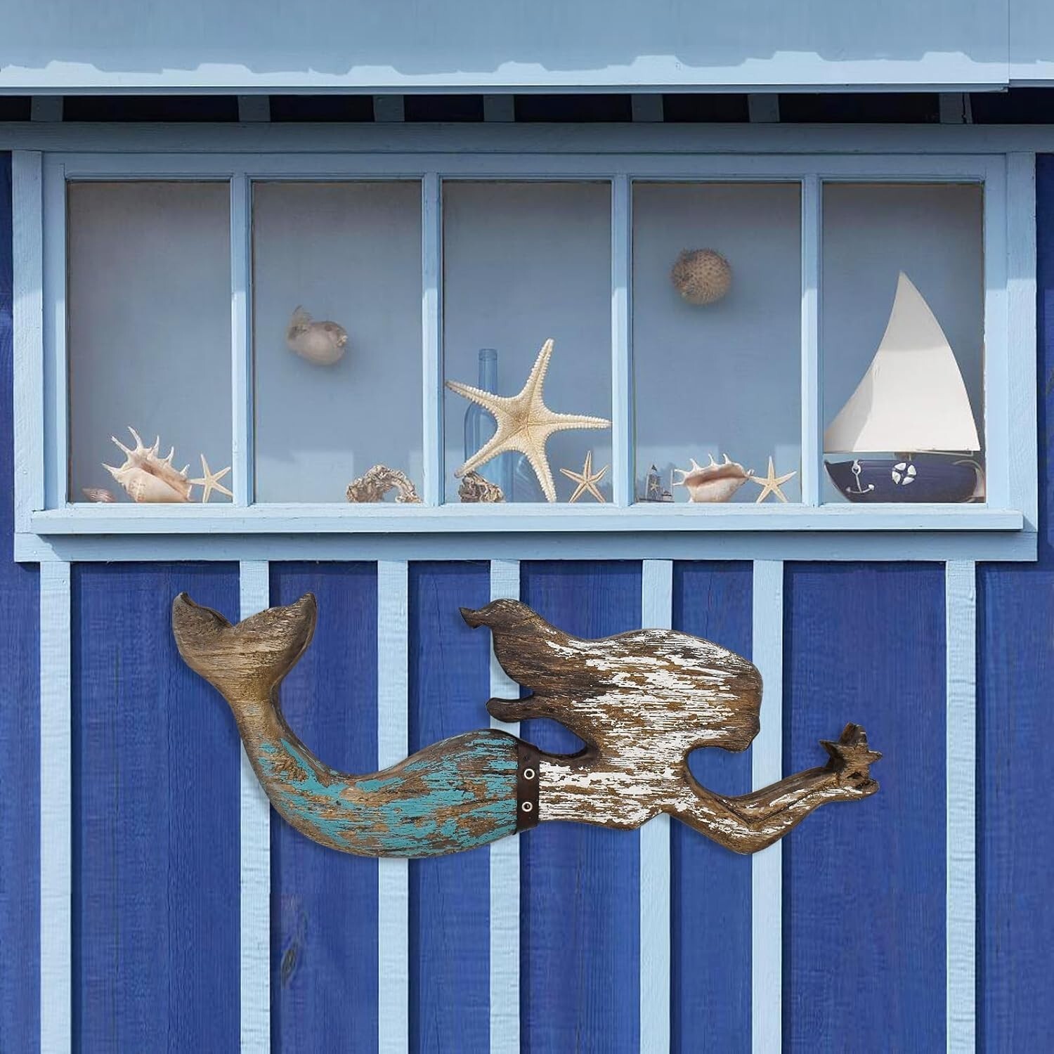 Nautical Decor Wood Hanging Mermaid Wall Art Coastal Decorations(B)
