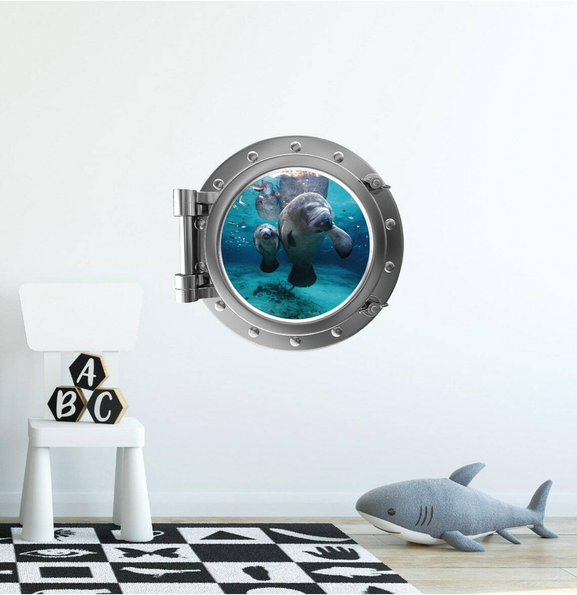 PortScape MANATEE & CUB Sea Porthole 3D Window Wall Decal Vinyl Wall Sticker