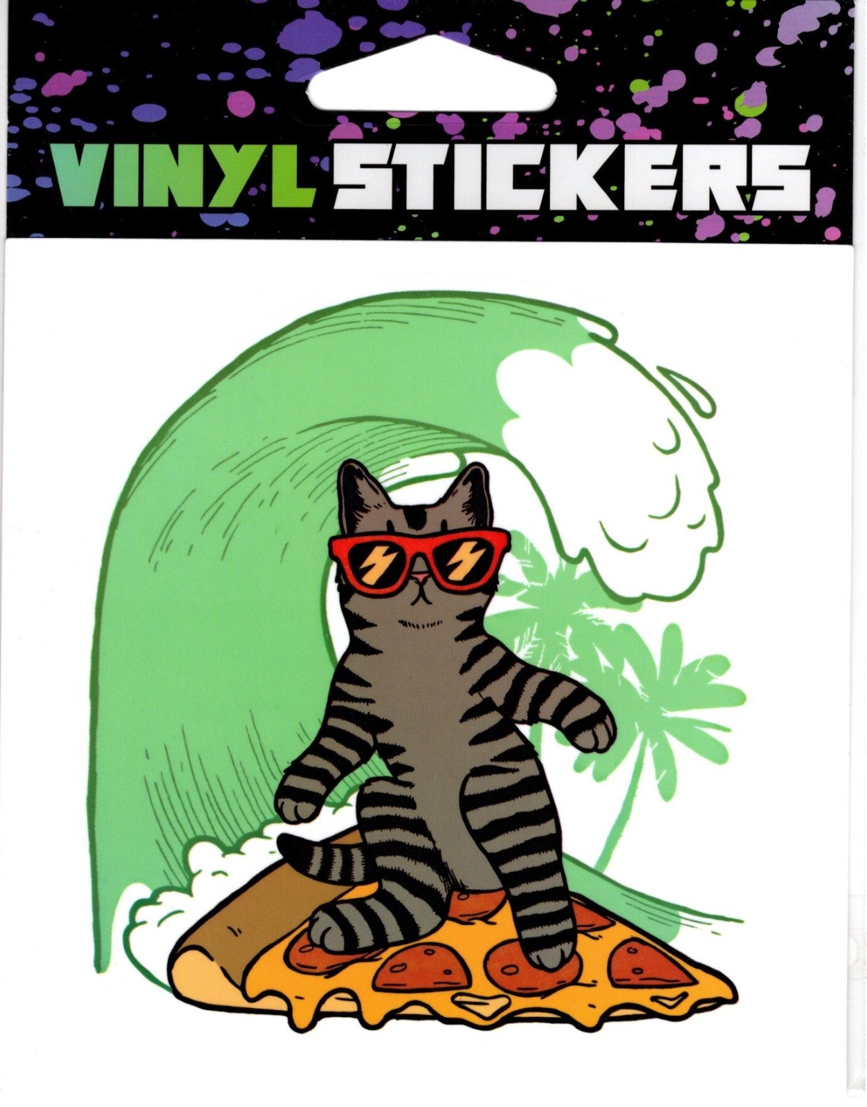 Cat surfing on a Pizza Vinyl Sticker – 4.25in x 4.25in