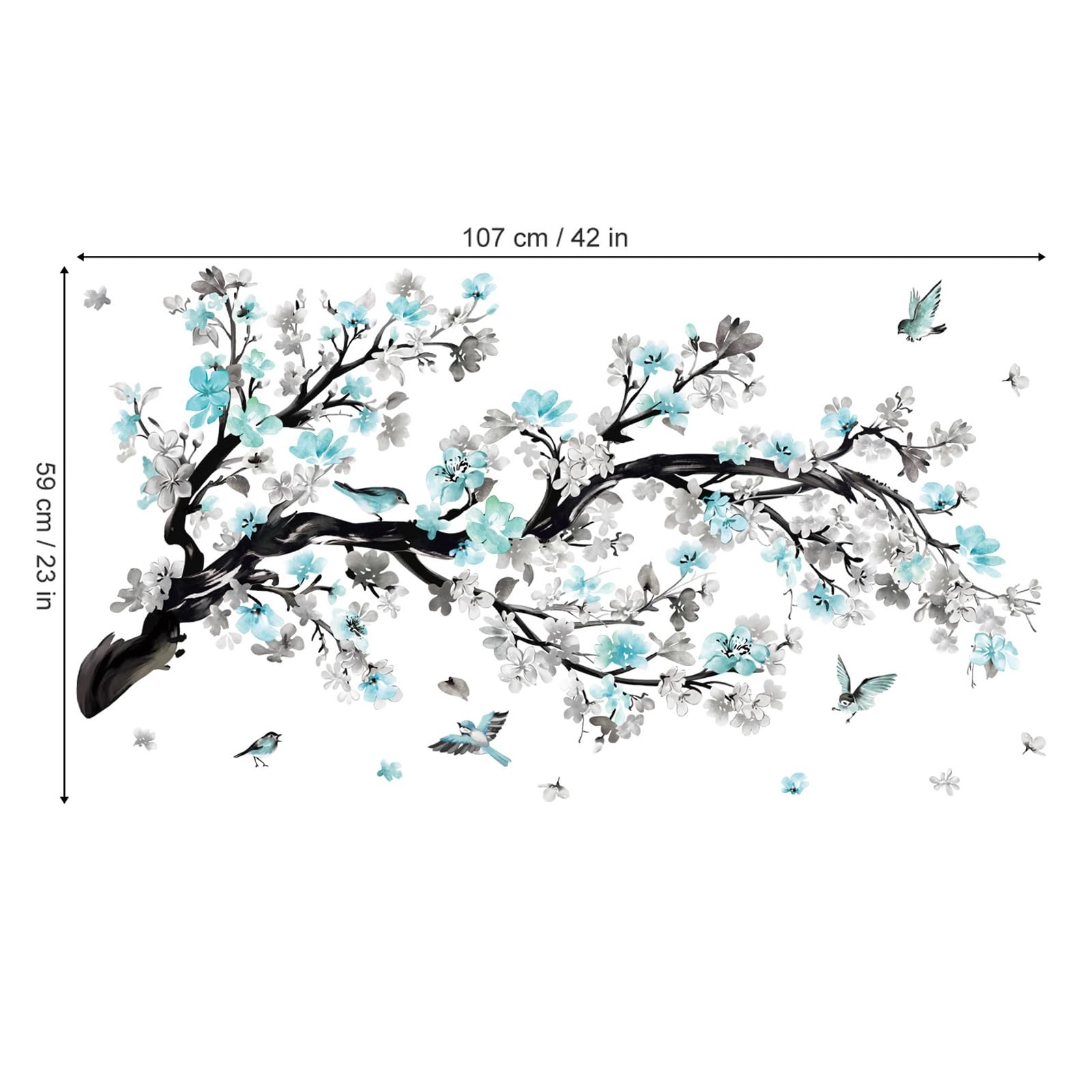 Watercolor Blue Flower Branch Wall Stickers Blossom Tree Floral Birds Peel an…