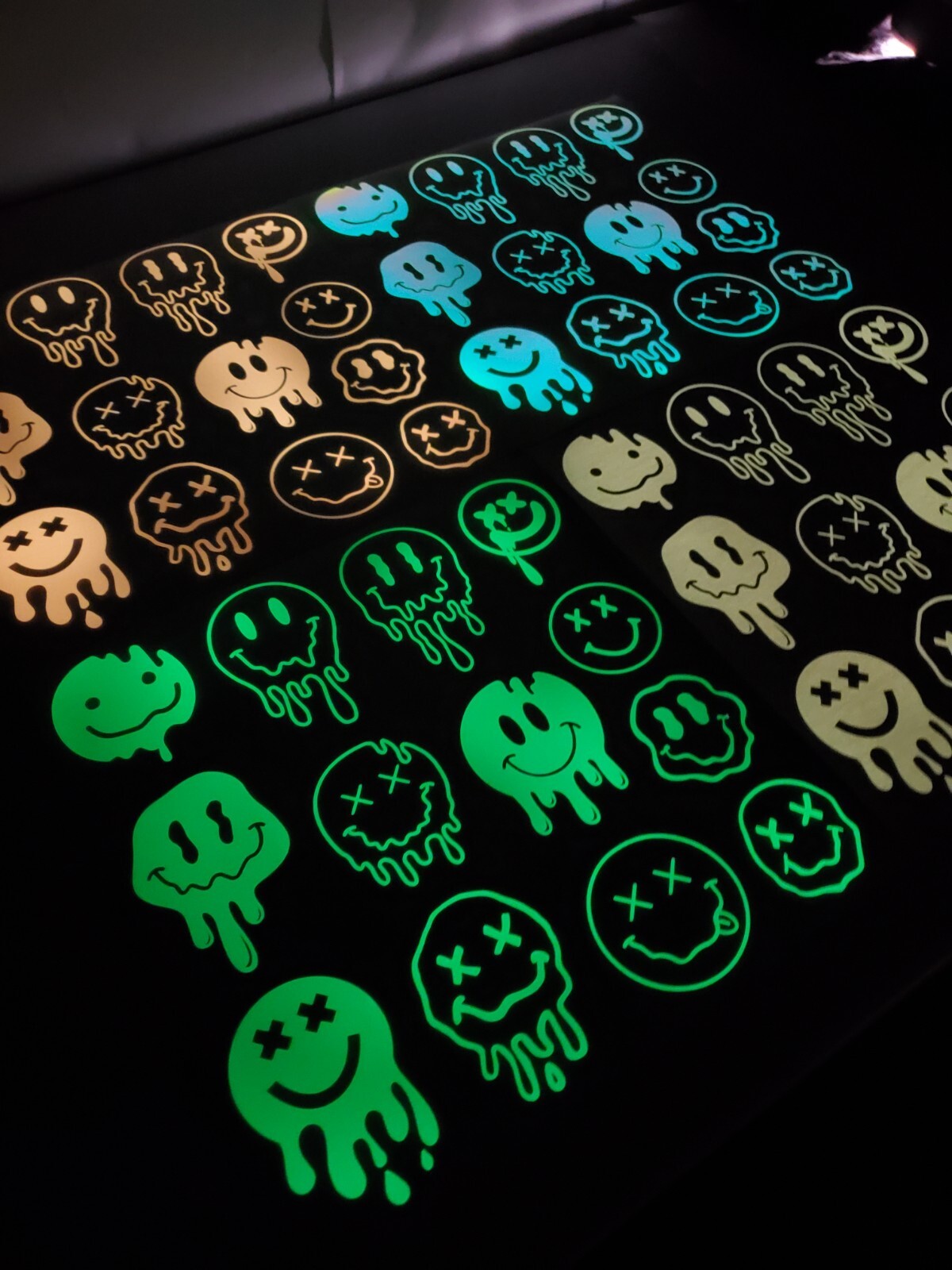 Glow In The Dark Vinyl Decal Smiley Face Drip Effect Lit Studio Decor Full Sheet