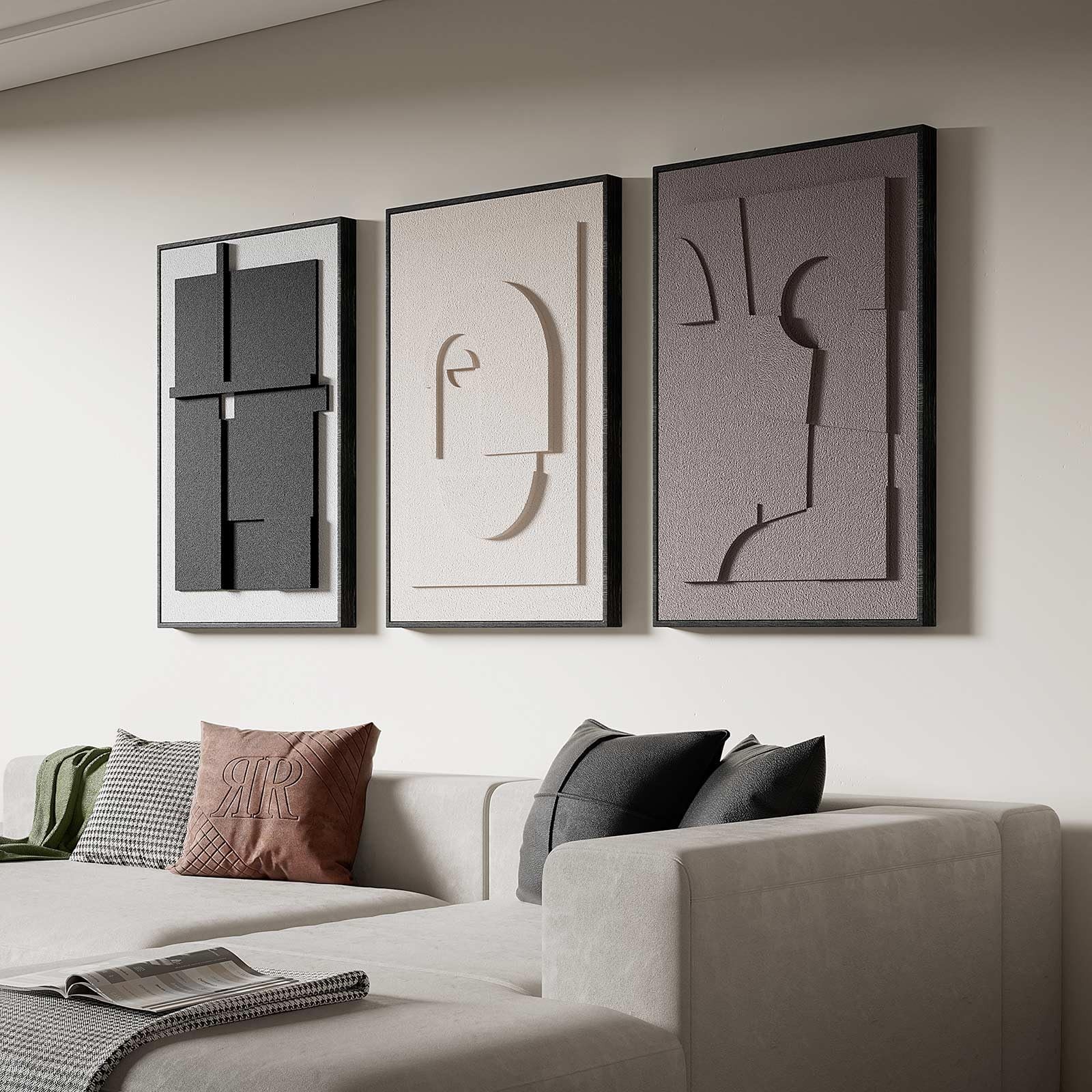 3D Textured Abstract Wall Art for Living Room, 3 Piece Modern Neutral Framed …