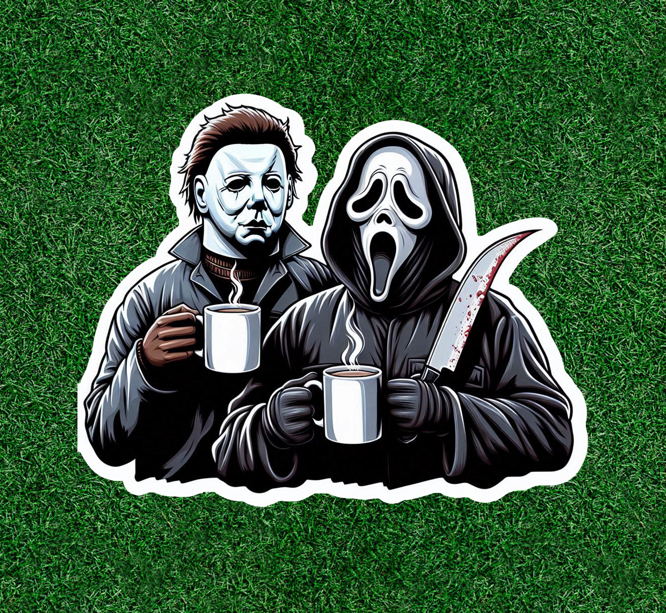 Michael Myers and Ghostface having coffee 100% waterproof sticker -several sizes