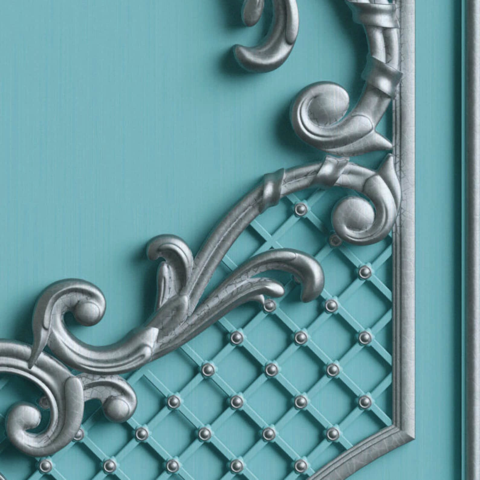 Classic Baroque Door Mural, Turquoise, Laminated Sticker Cover, Single piece