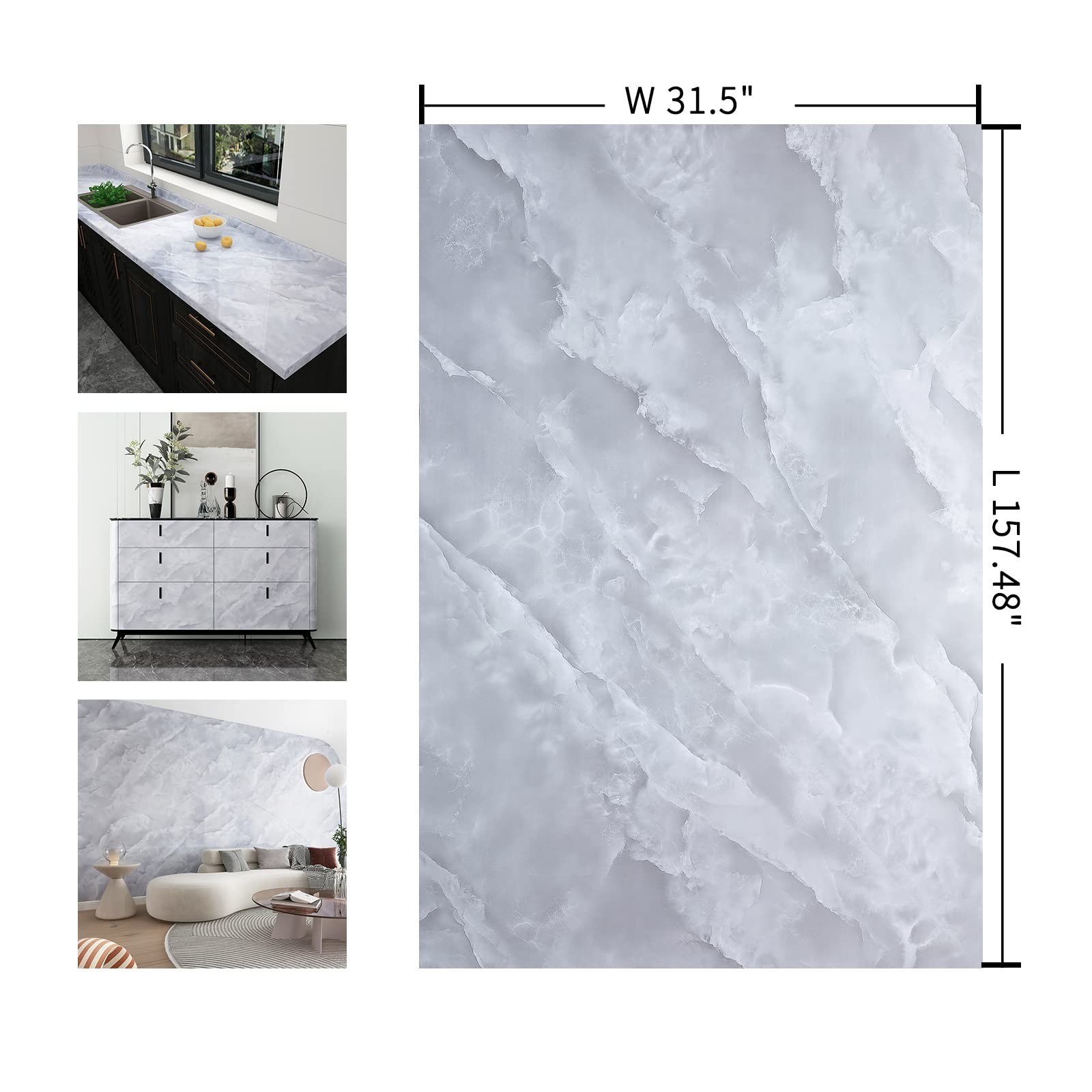 157"x 31" Wide White and Gray Marble Contact Paper for Cabinets Peel and Stic…