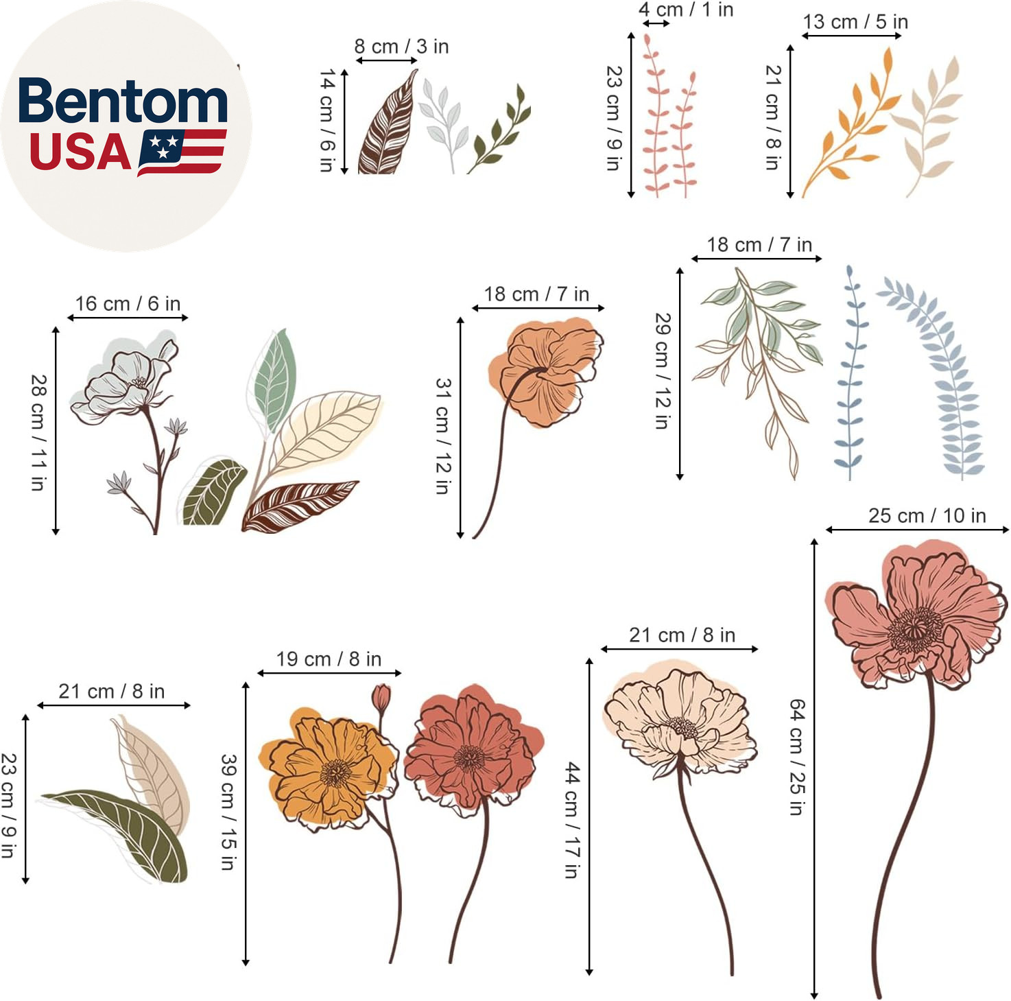 Boho Flower Wall Stickers Wildflower Floral Grass Peel and Stick Wall Art Decals