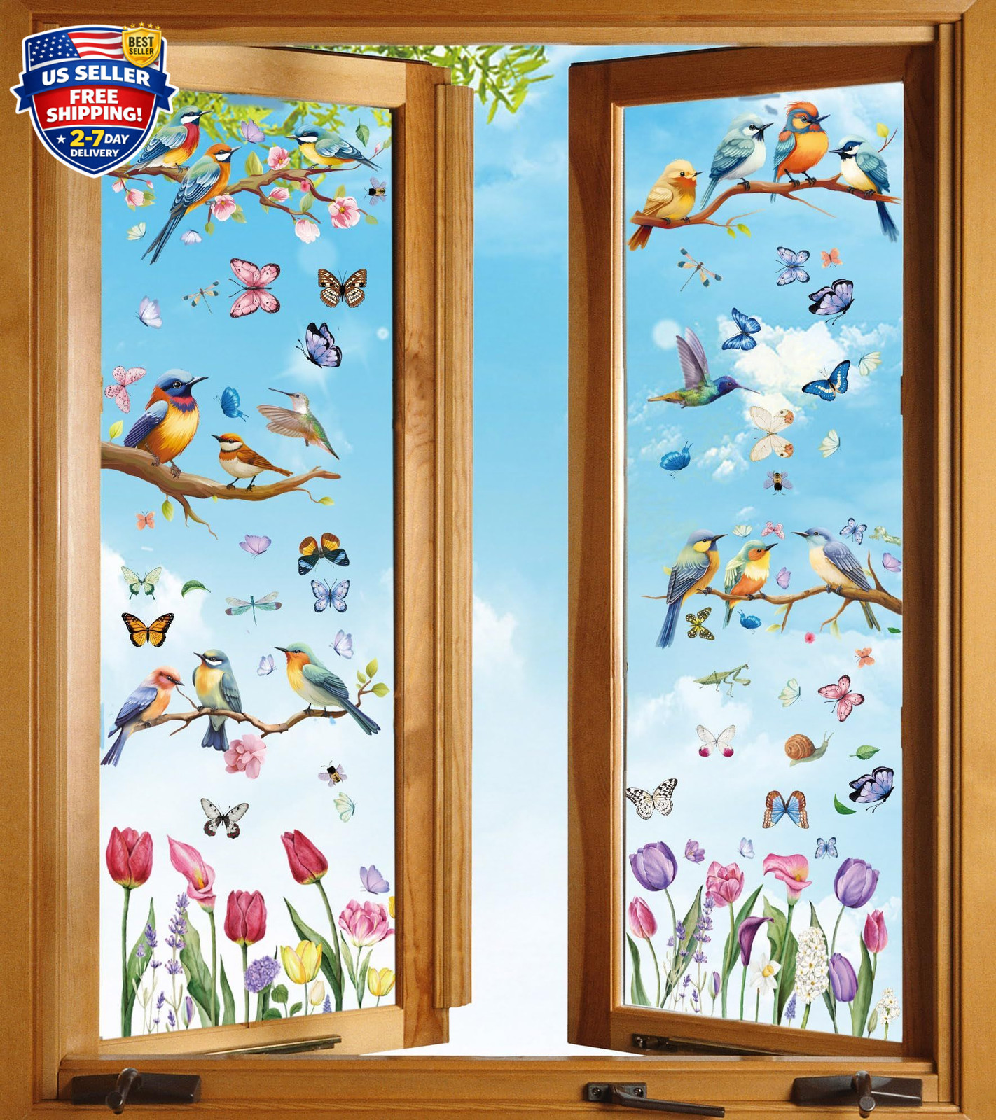 Spring Window Cling Sticker – 78PCS Tulip Butterfly Flower Hummingbirds Windo…