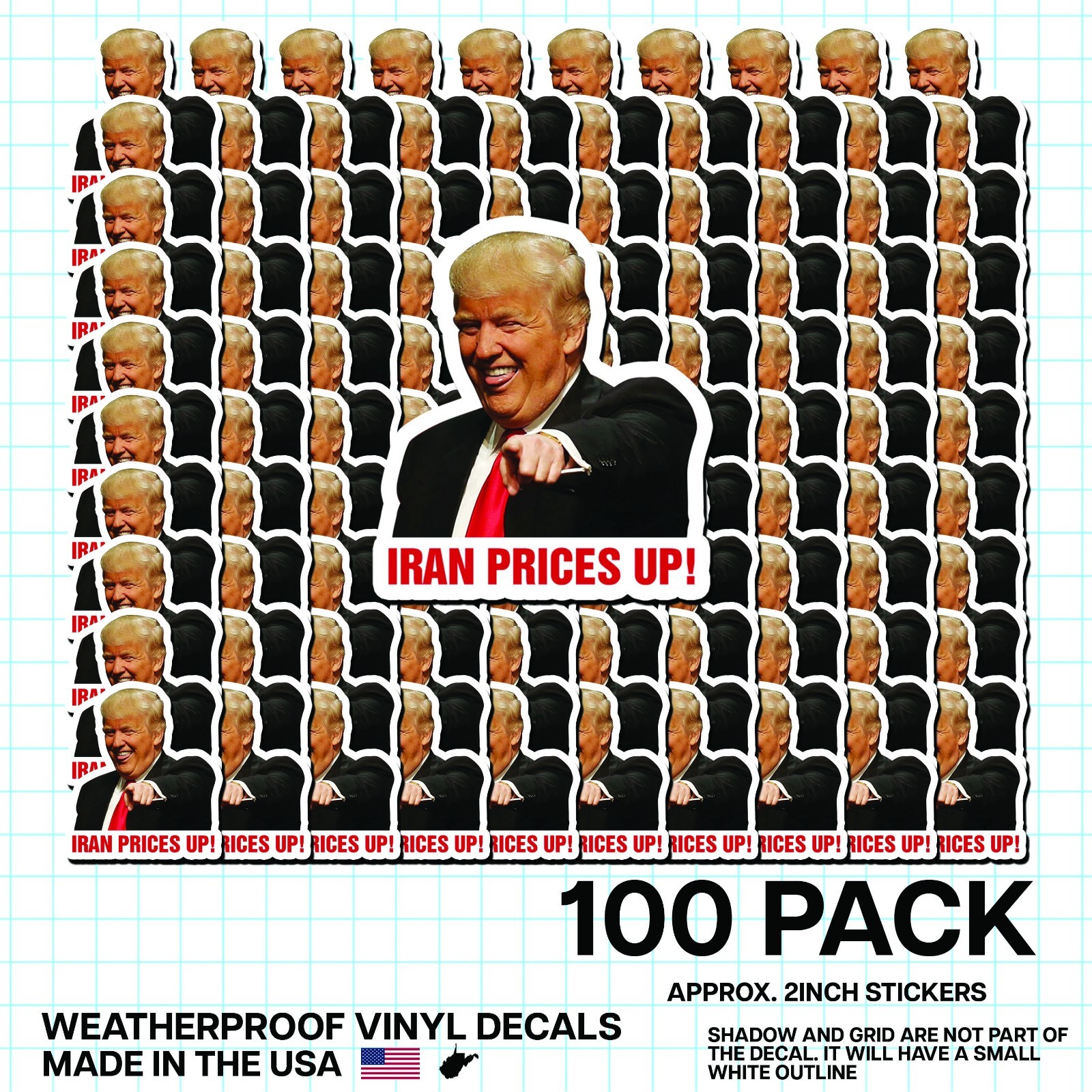 Trump “Iran Prices Up!” Sticker 100 Pack Funny Political Gas Meme Decal 2"