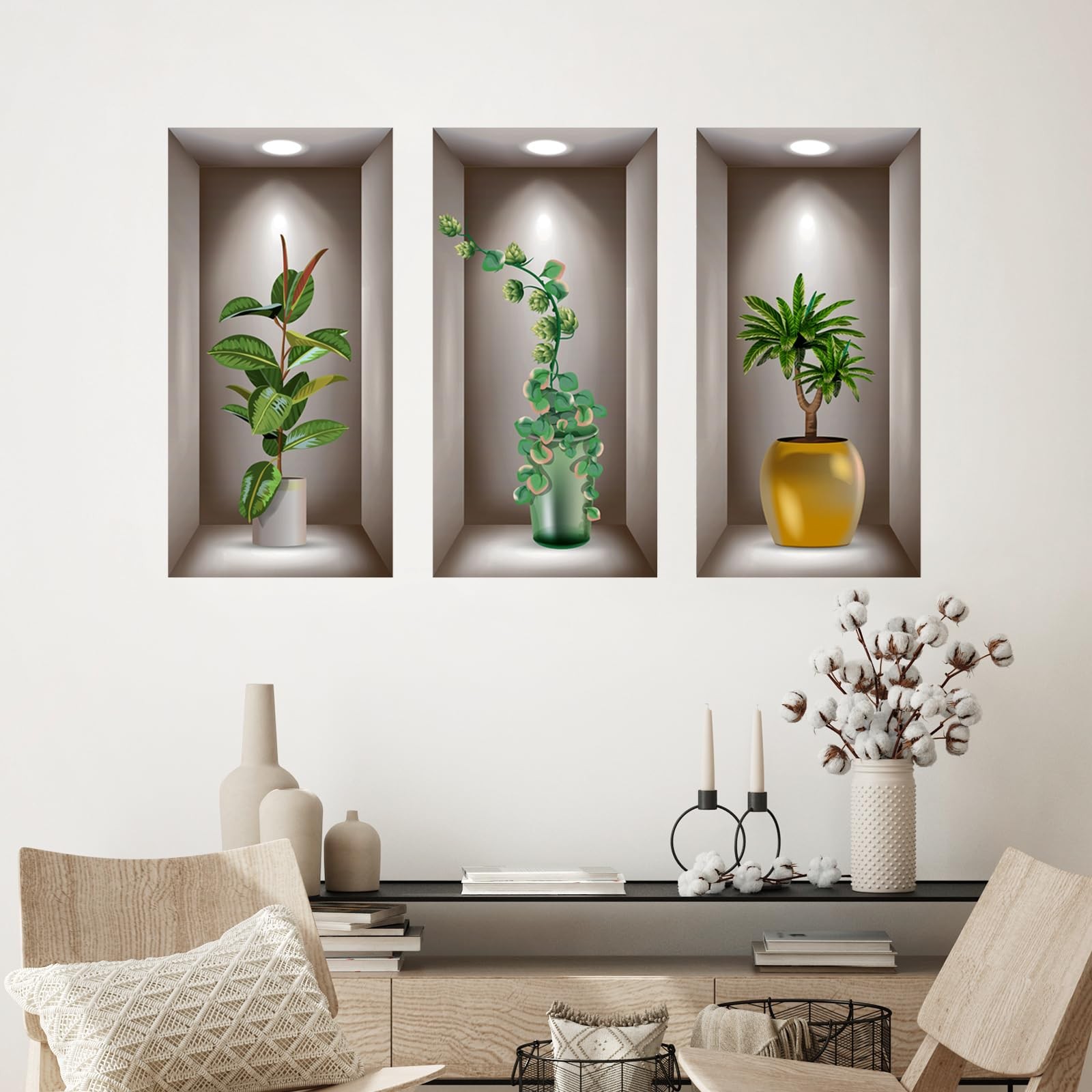 3D Potted Plants Wall Stickers Set of 3 Green Leaves Multi-colored