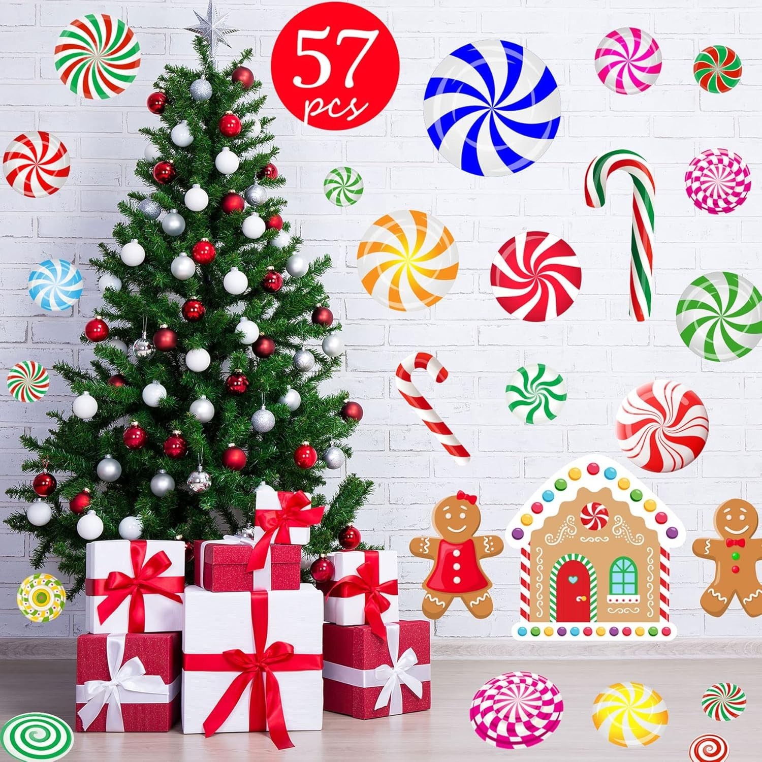 Easy-to-Apply 57PCS Peppermint Wall and Floor Decals for Kids' Christmas Fun