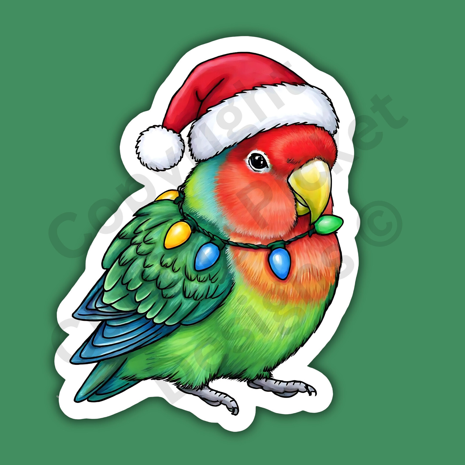 Christmas Lovebird Bird Santa Hat Lights Cute Fun 3" Vinyl Sticker
