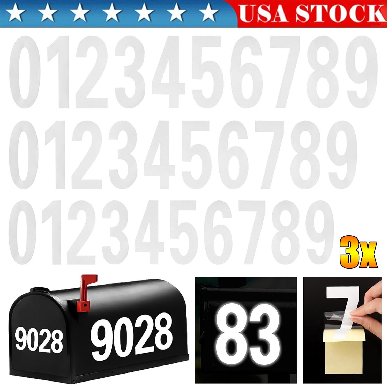 1/3x Reflective Mailbox Numbers for Outside, 2/3/4 Inch Self Adhesive Waterproof