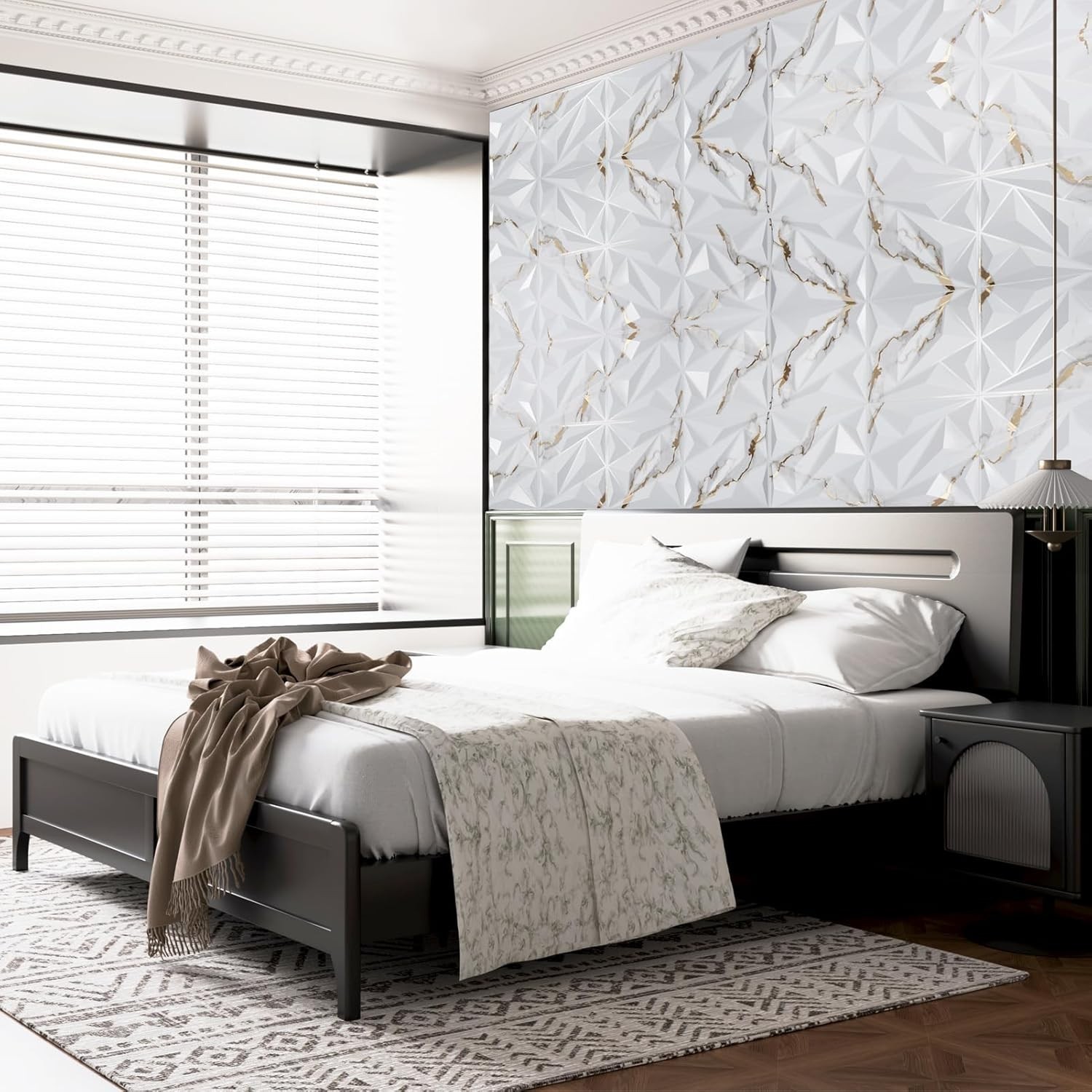 33 Pack 3D Diamond PVC Wall Panels 12"x12" Gold Veined White