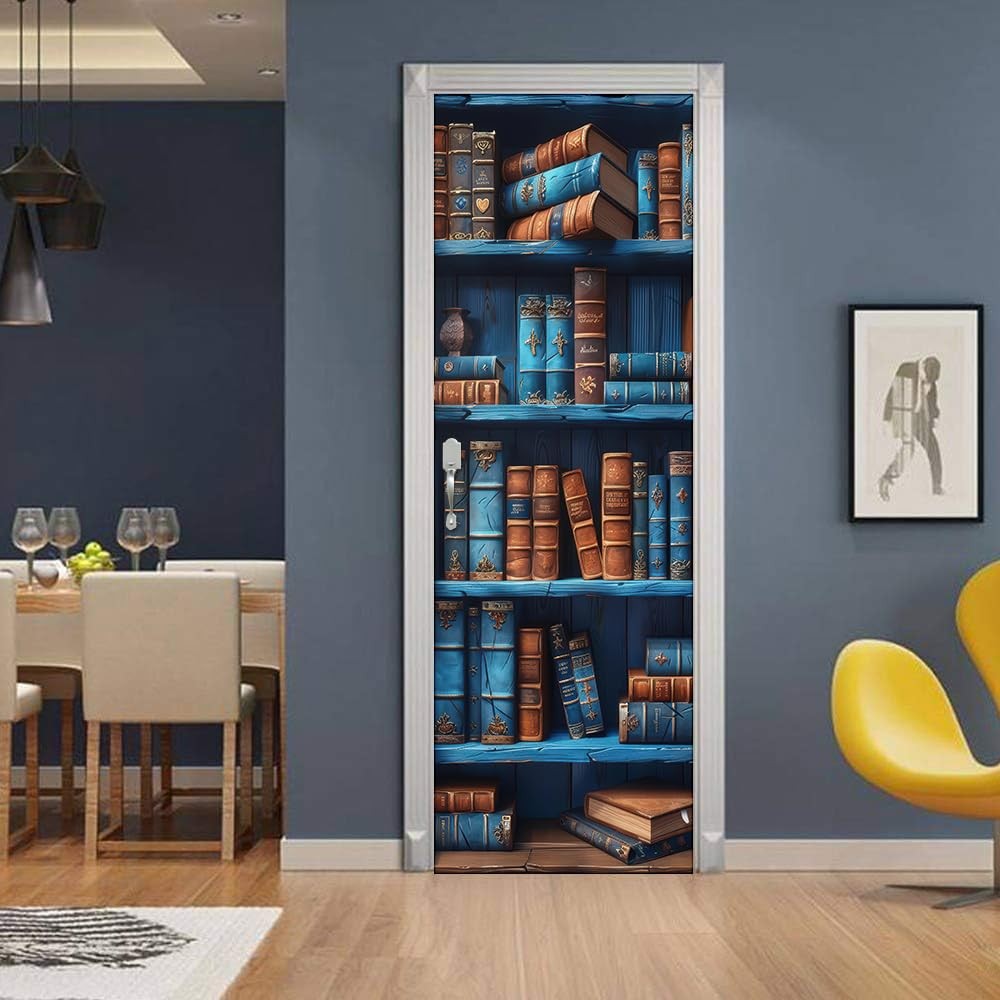 REDAMANCY Blue Yellow Book Shelf Vintage Antique Peel and Stick Door Stickers…