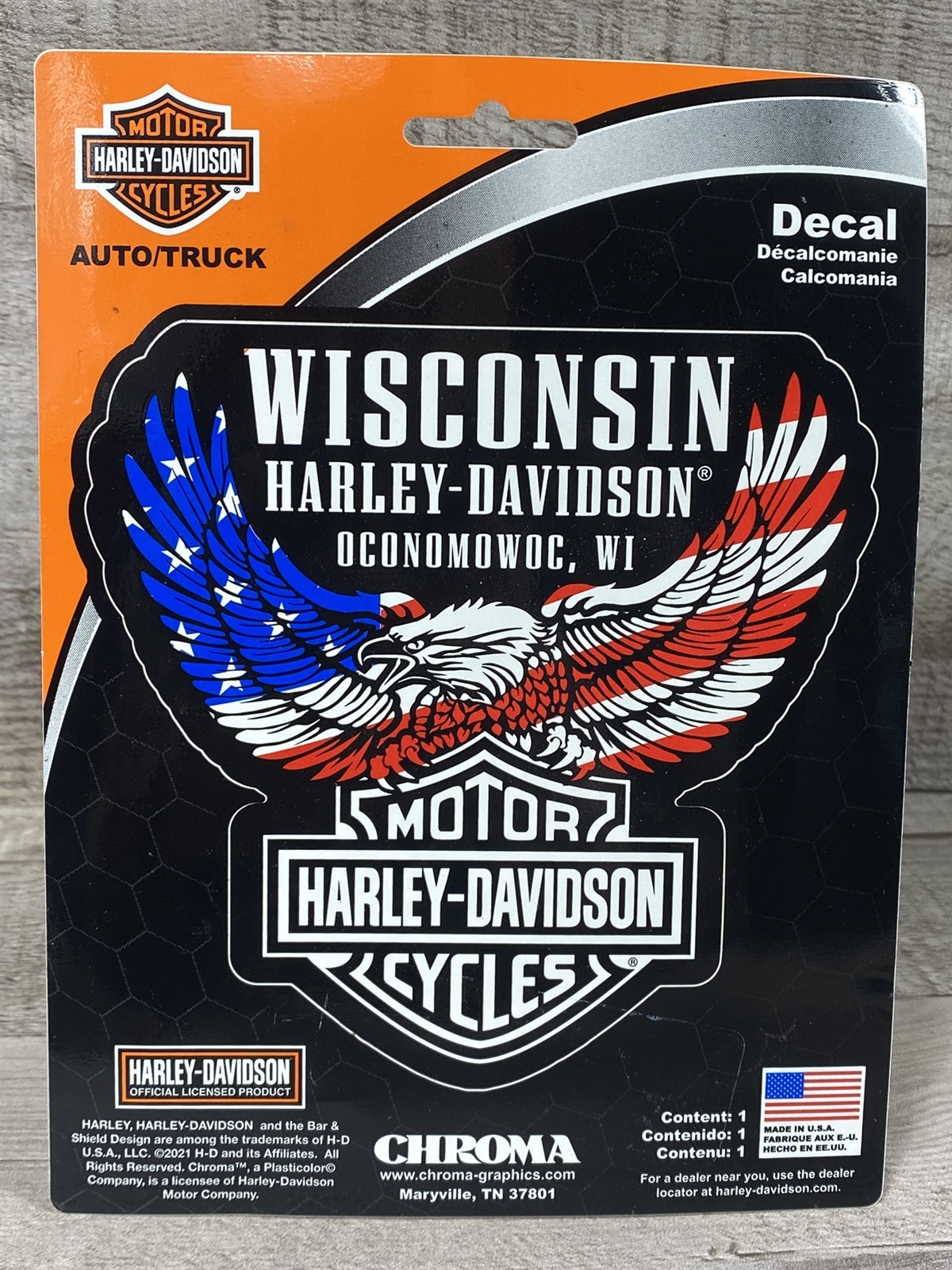 Harley Davidson Motorcycles Oconomowoc WI USA Flag Upwing Eagle 5" Decal – New
