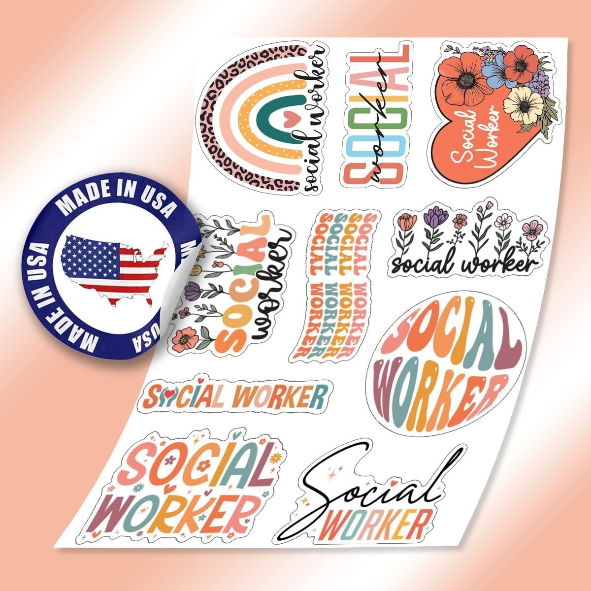 10pcs Retro Floral Social Worker Sticker Groovy Positive Quotes Social Work Gift