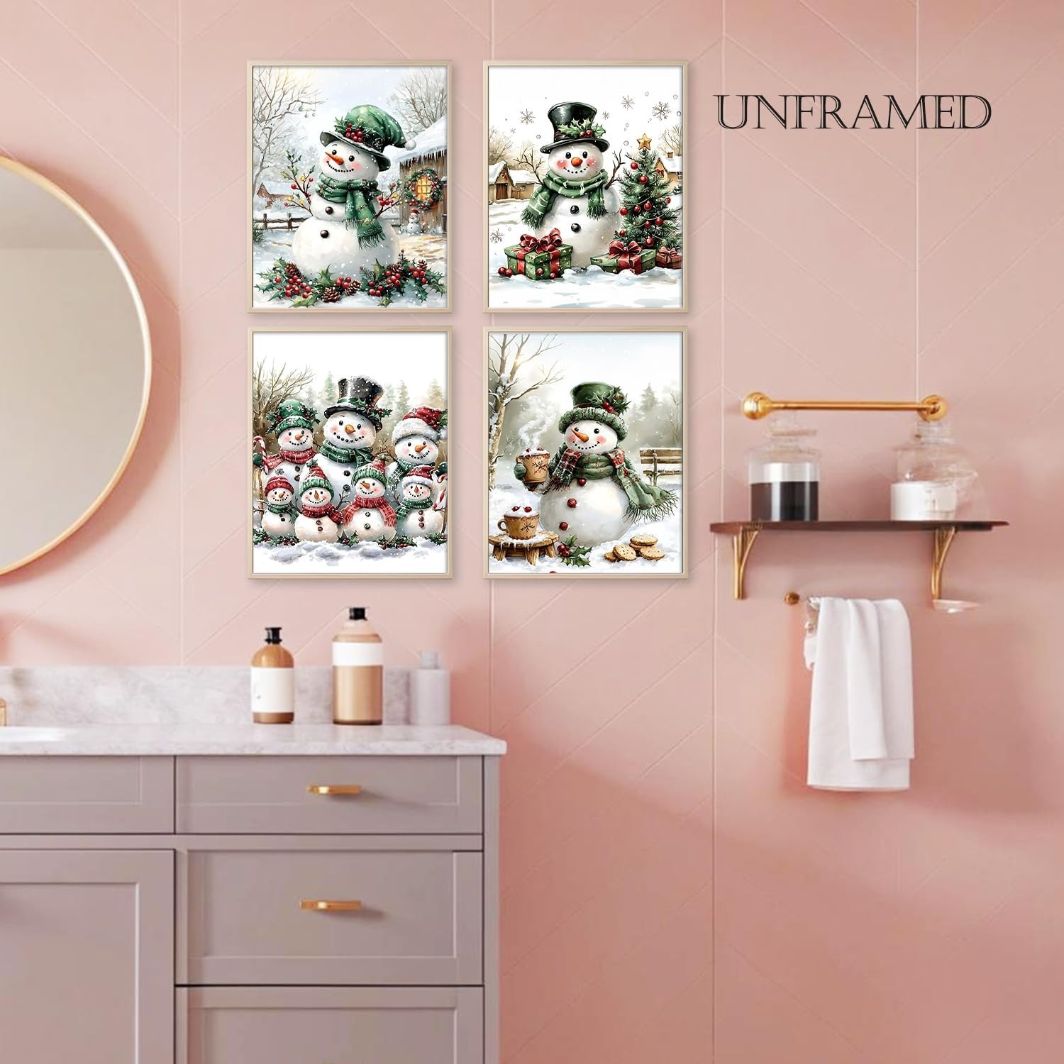 Qabliqo Vintage Christmas Snowman Wall Art Prints Set of 4, Holiday Winter Ch…