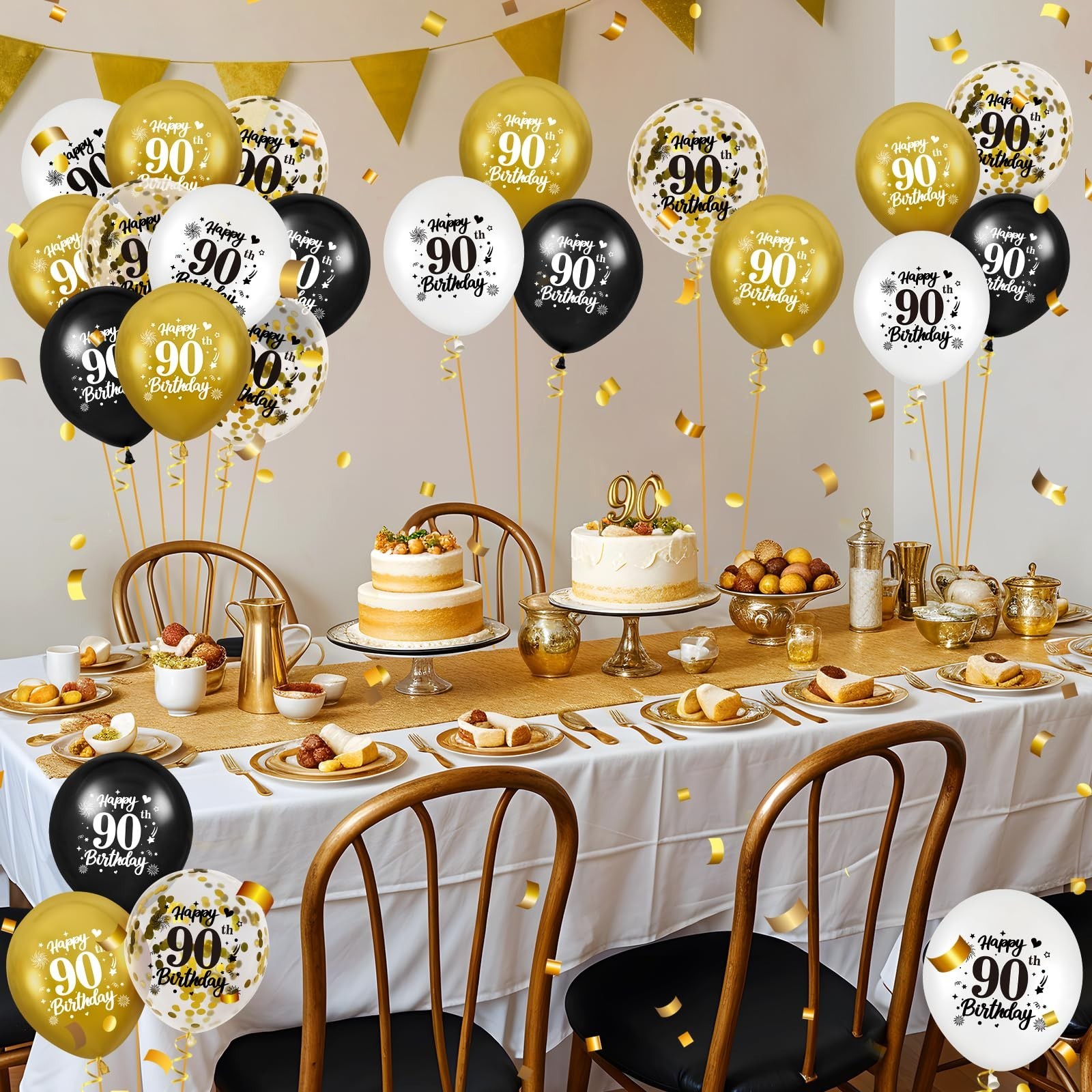 90th Birthday Balloons for Men, 24Pcs Black Gold White Happy 90th Birthday Ba…