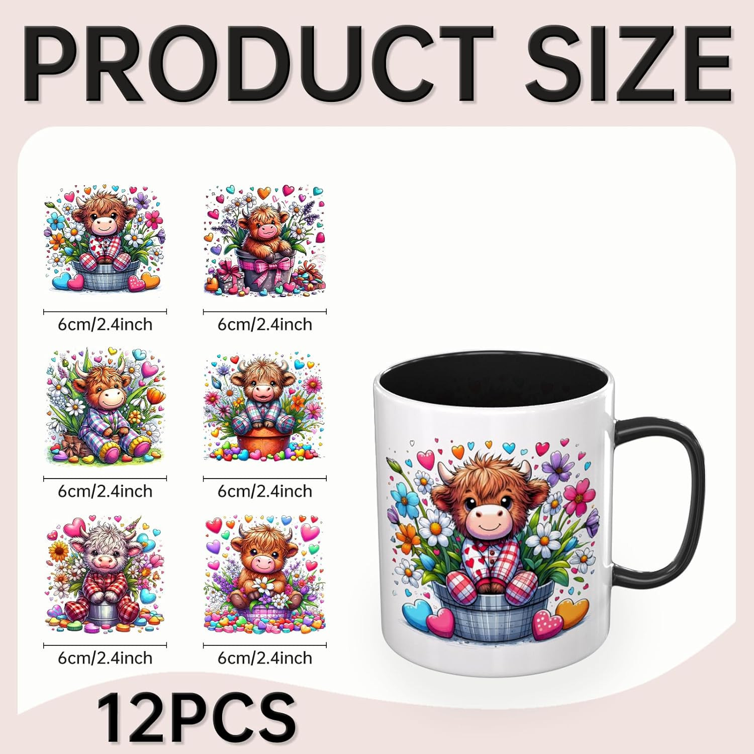 12 PCS UV DTF Cup Wrap Stickers, (Highland Cows Rub on Transfers for Crafts, Per