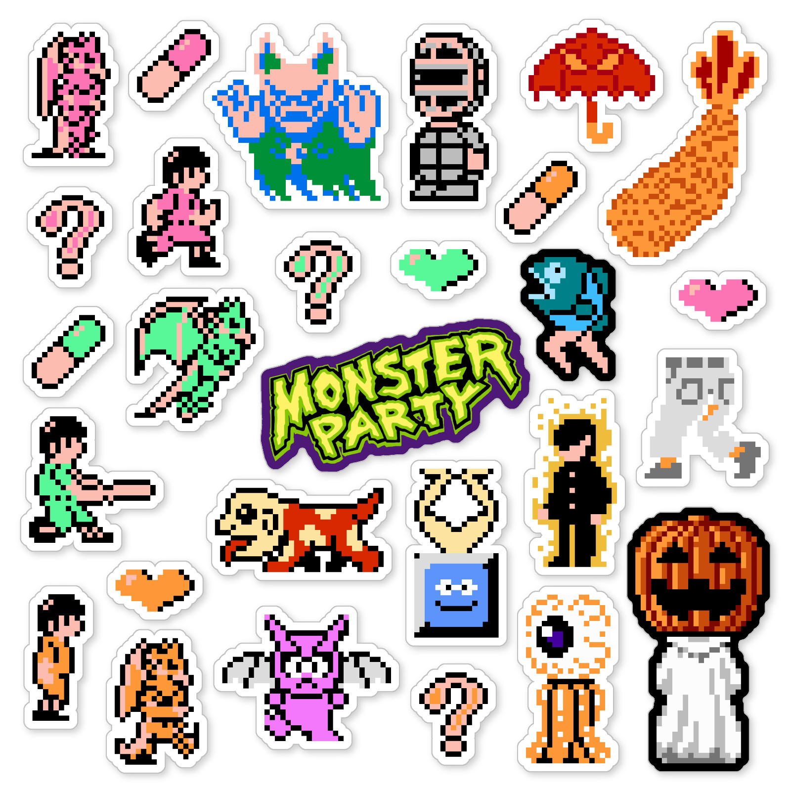 Monster Party Stickers Nintendo NES Pixel Art 28 Sticker Pack
