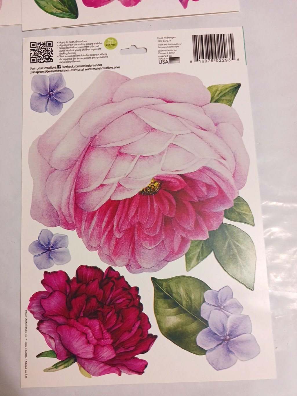 Wall Decal stickers Jumbo 10" Flowers. Rose + Pink. 6 sets Peel and stick floral