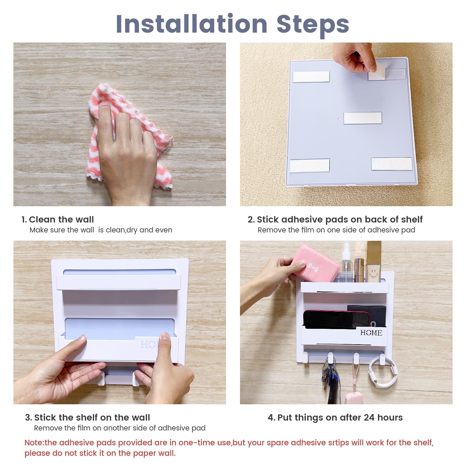 Bedside Shelf Accessories Organizer, Wall Mount Self Stick On, Cute Room Deco…