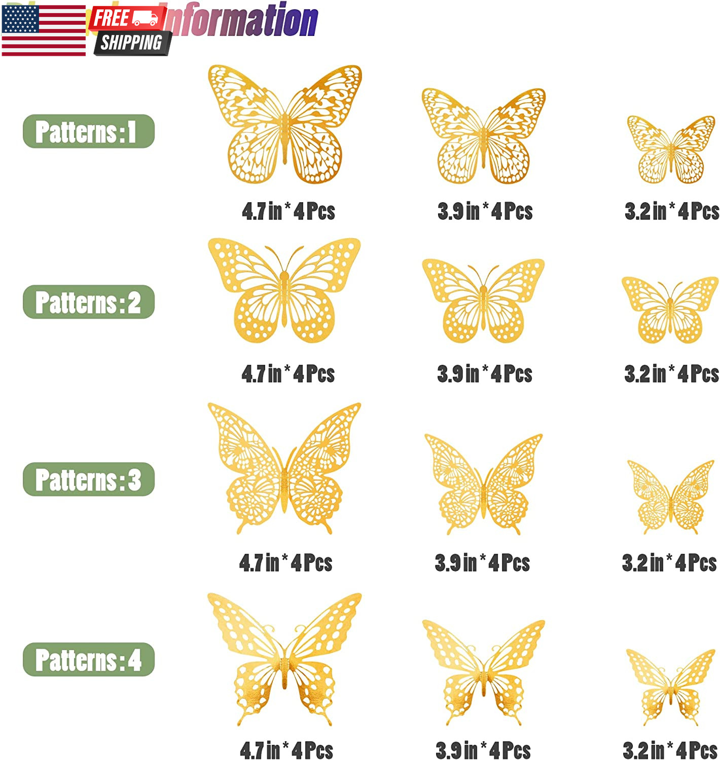 3D Butterfly Wall Decor – 48 Pcs, 4 Styles, 3 Sizes, Gold Butterfly Decorations