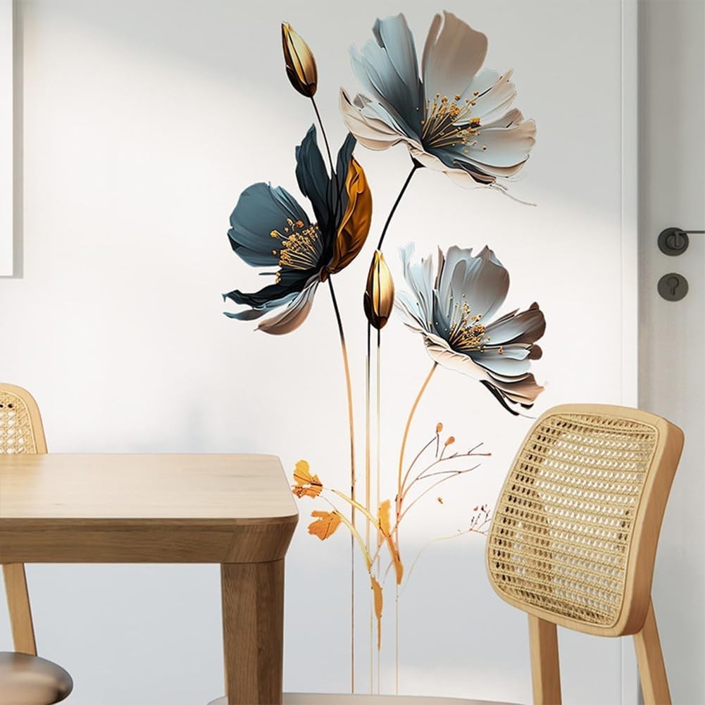 Wall Art Decals Big Flowers Butterfly Wall Stickers Floral Peel & Stick Grey