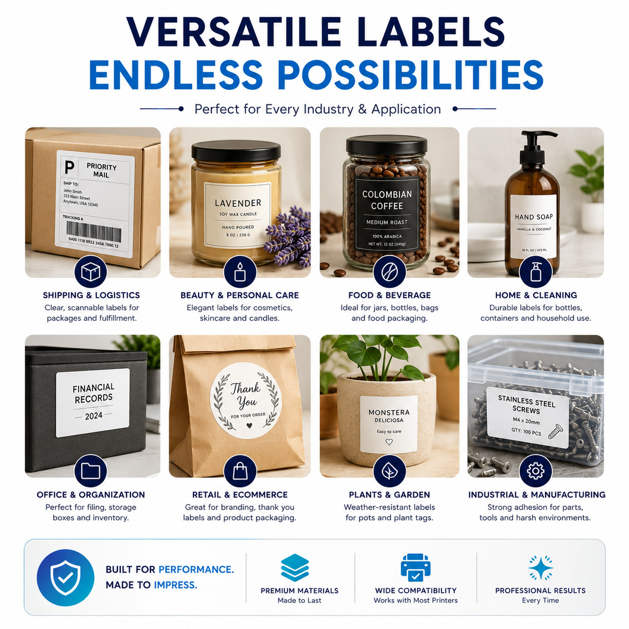 Roll Labels Rounded Square Custom Print, Product Packaging Stickers, 100 Pieces