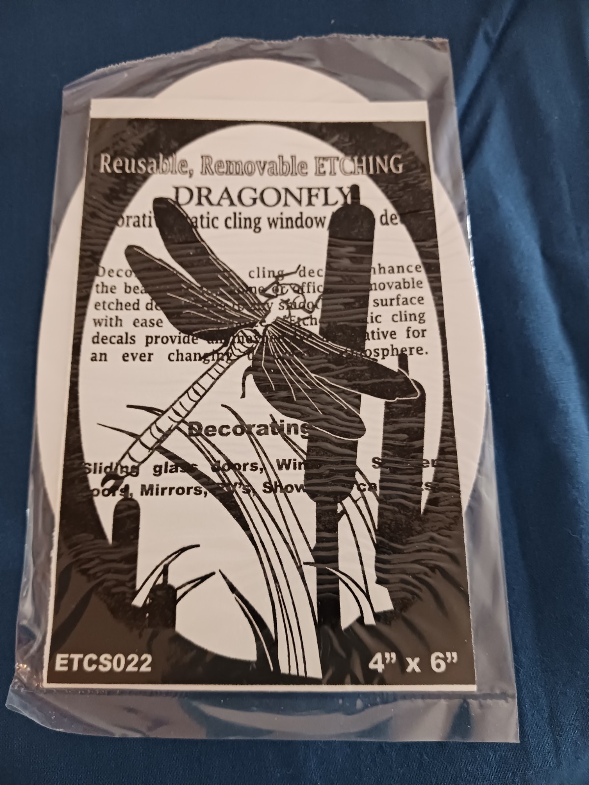 Dragonfly Decal 4"x6" OVAL Etched Glass Look Cling Removable & Reusable 22