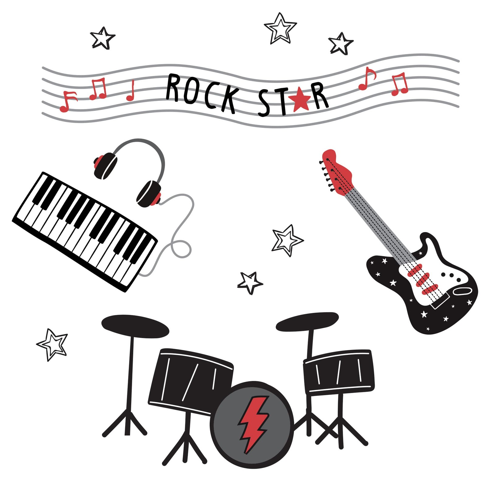 Rock Star Musical Instruments Wall Decals/Stickers – Drums/Guitar