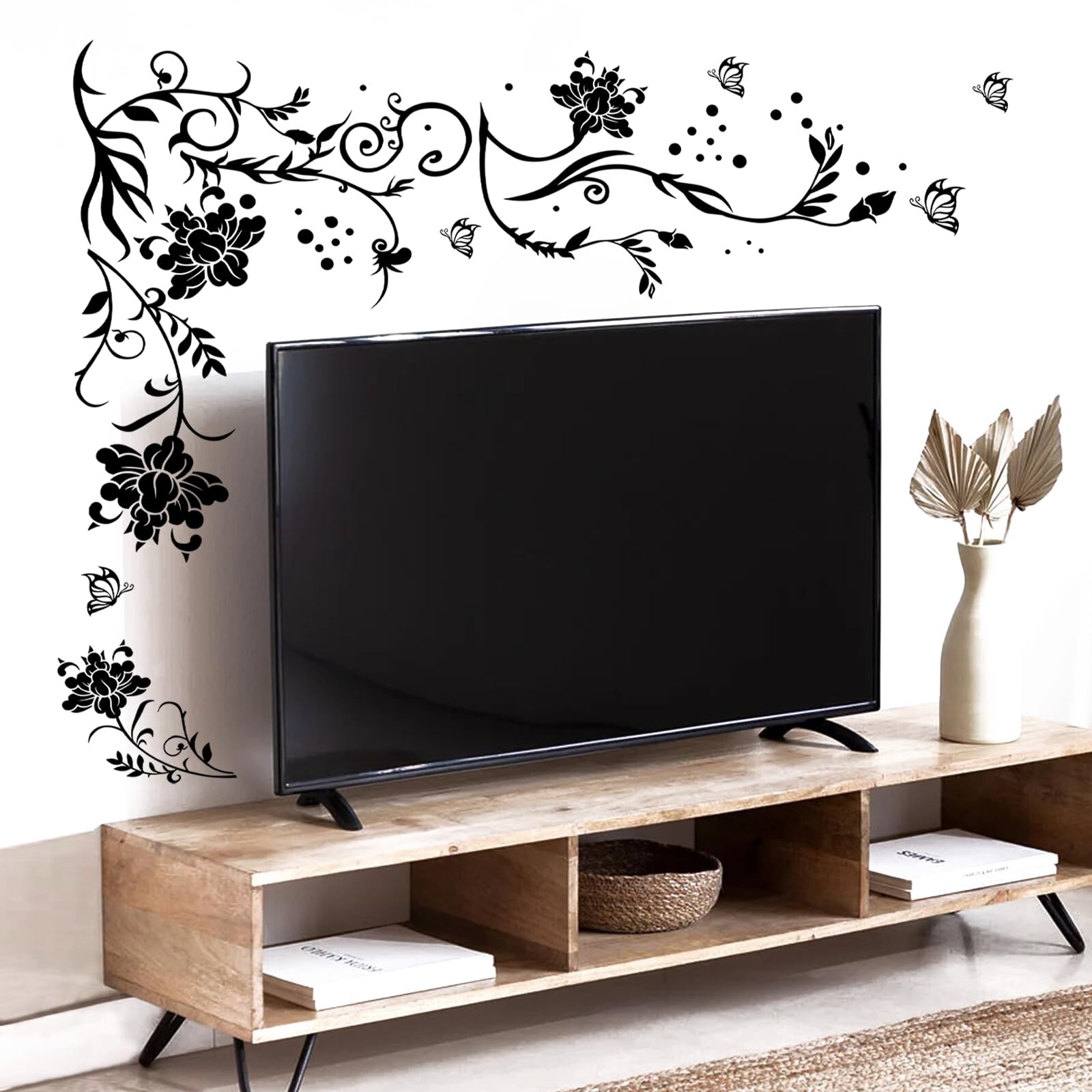 Supzone Flowers Vine Wall Decals Black Flower Wall Stickers Butterfly Floral …