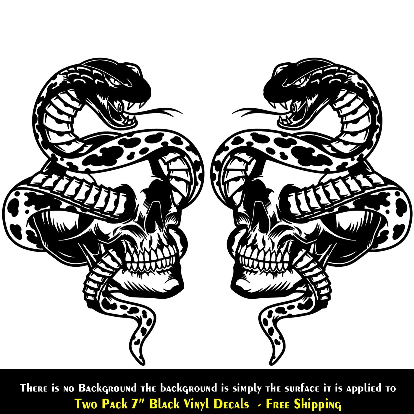 Cobra Snake with Skull Two 7" Black Vinyl Decal Car Truck Camper Mirror Window
