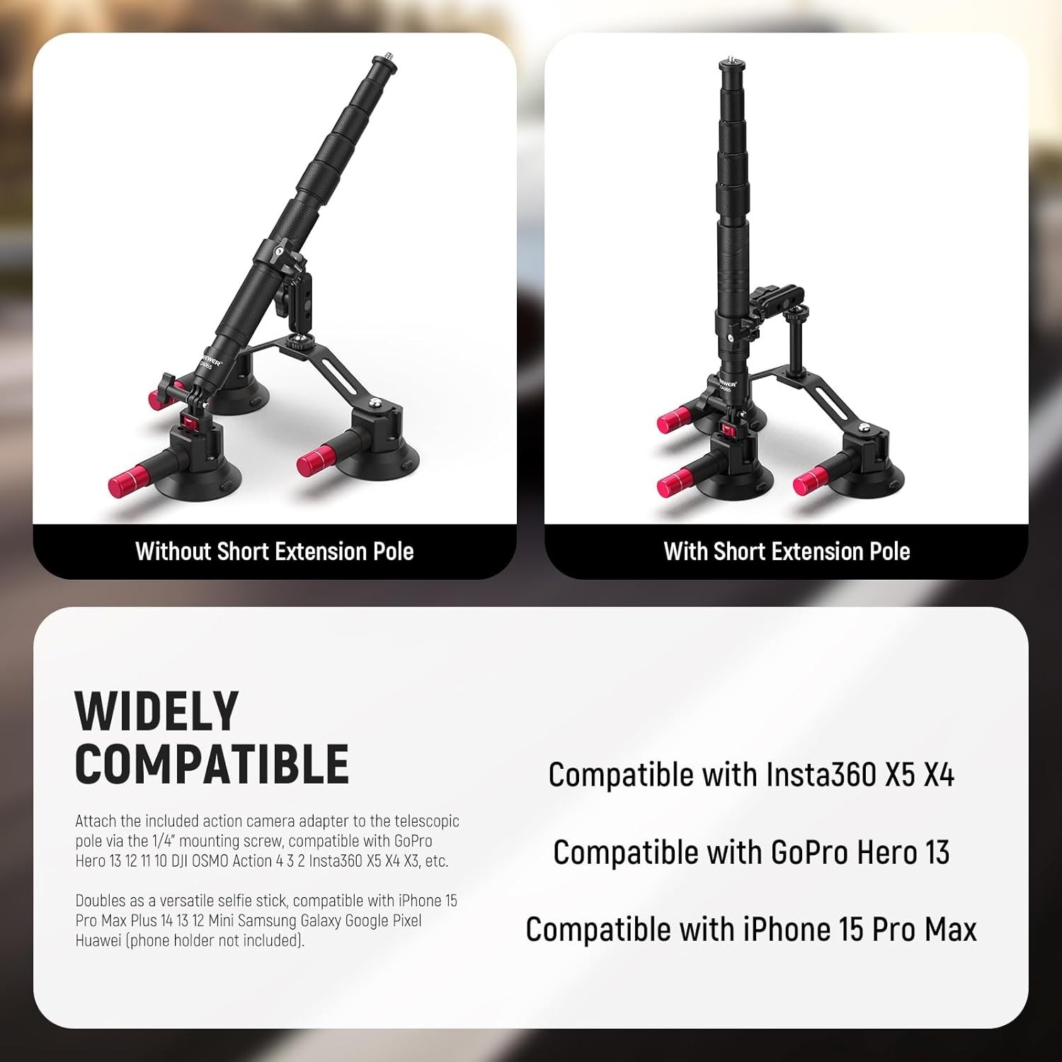 Triple Suction Cup Car Mount Kit with 2-in-1 Selfie Stick & Adjustable Pole for