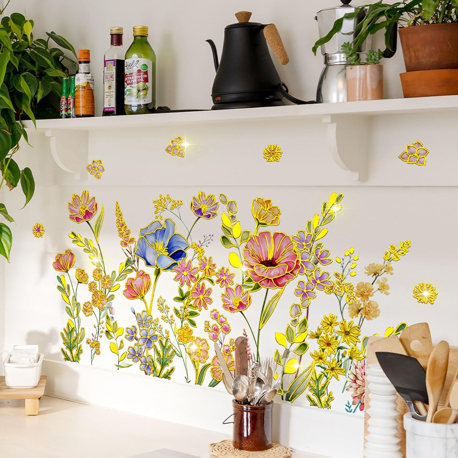 Gold Flower Wall Decals Blue Pink Floral Wall Sticker Creative Lotus Peel and St