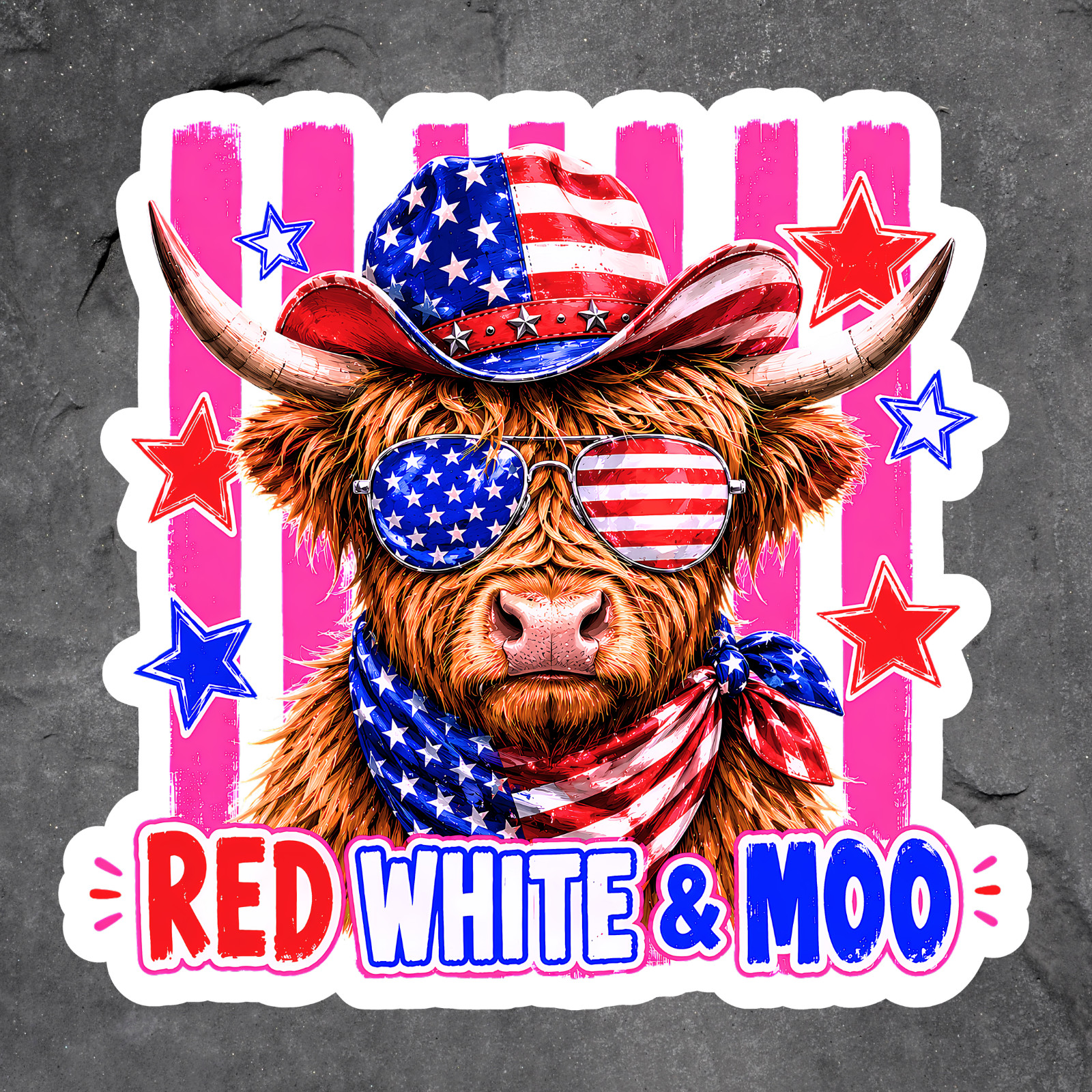 Cow Sticker Vinyl Decal Red White & Moo Funny Highland Cow Patriotic Fourth