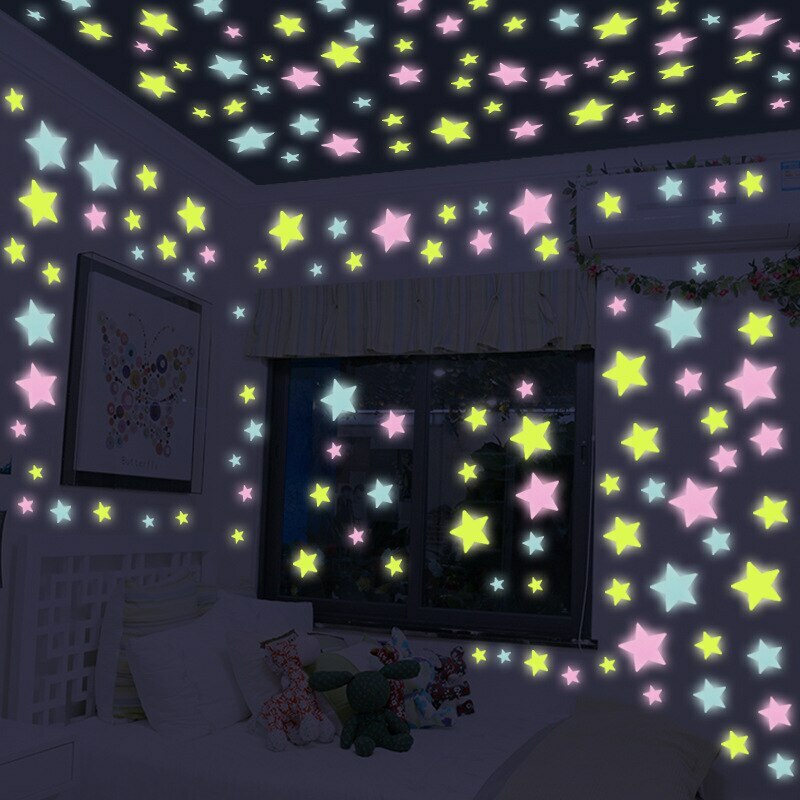 Glow In The Dark 50/100/200 ~ 3D Stars Half Moon Mix Color ~ Wall Decor 3 Sizes