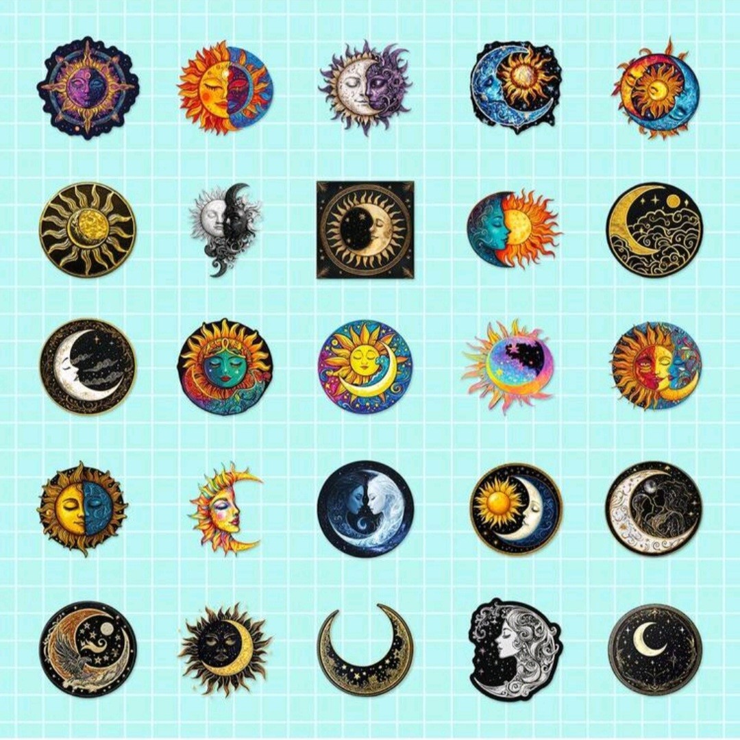 20 Pcs Celestial Sun Moon Vinyl Stickers Set, Waterproof, Phones, Bottles.