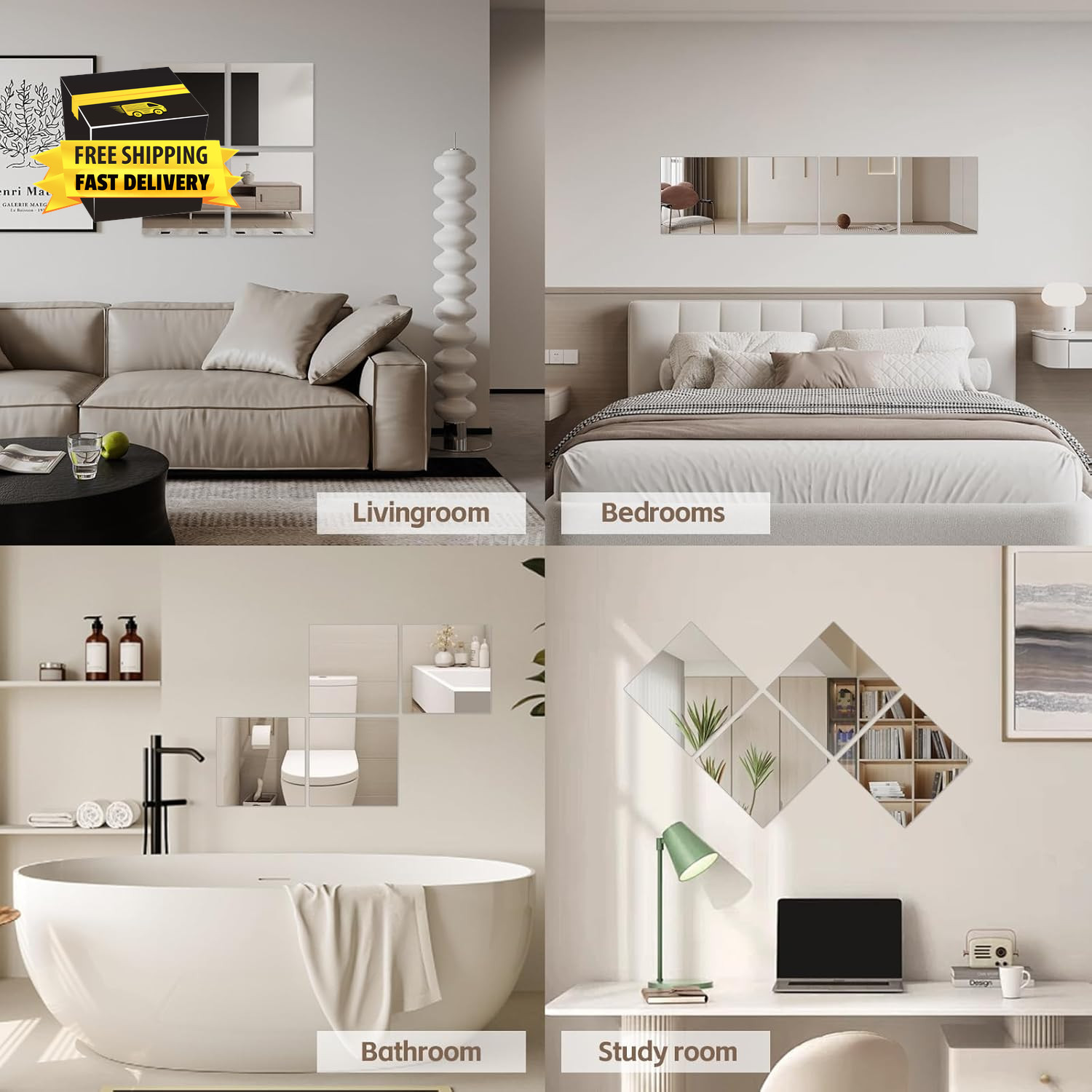 Mirror Stickers for Walls 4 Packs Self Adhesive Stick on Mirrors Tiles Small Pee