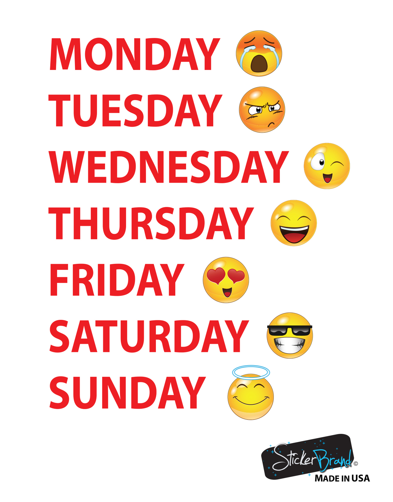 Days of the Week Emoticon Calendar Wall Decal Sticker #6071 Monday thru Sunday