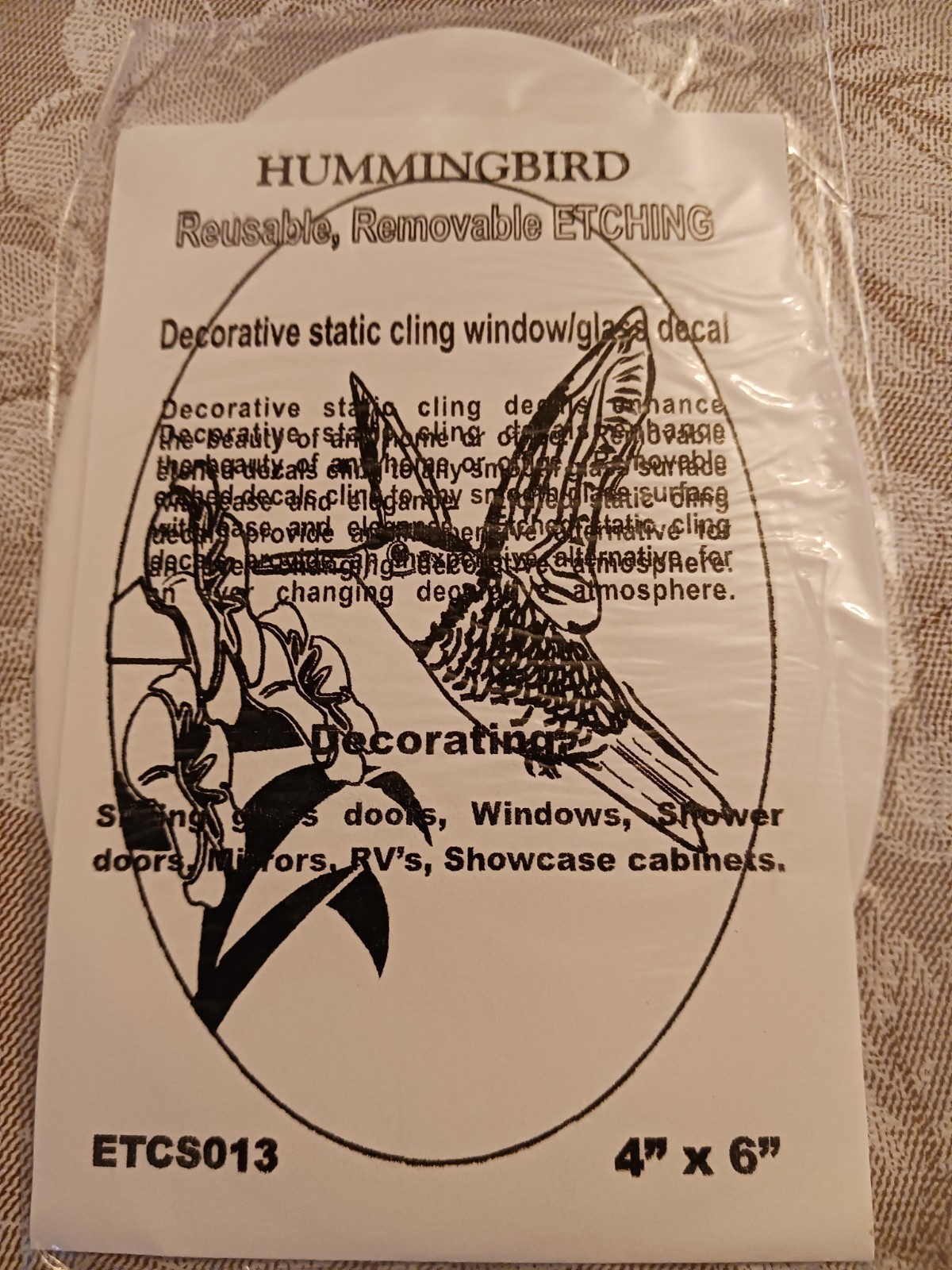 Hummingbird Window Decal 4"x6" OVAL Etched Glass Look Cling Removable 13